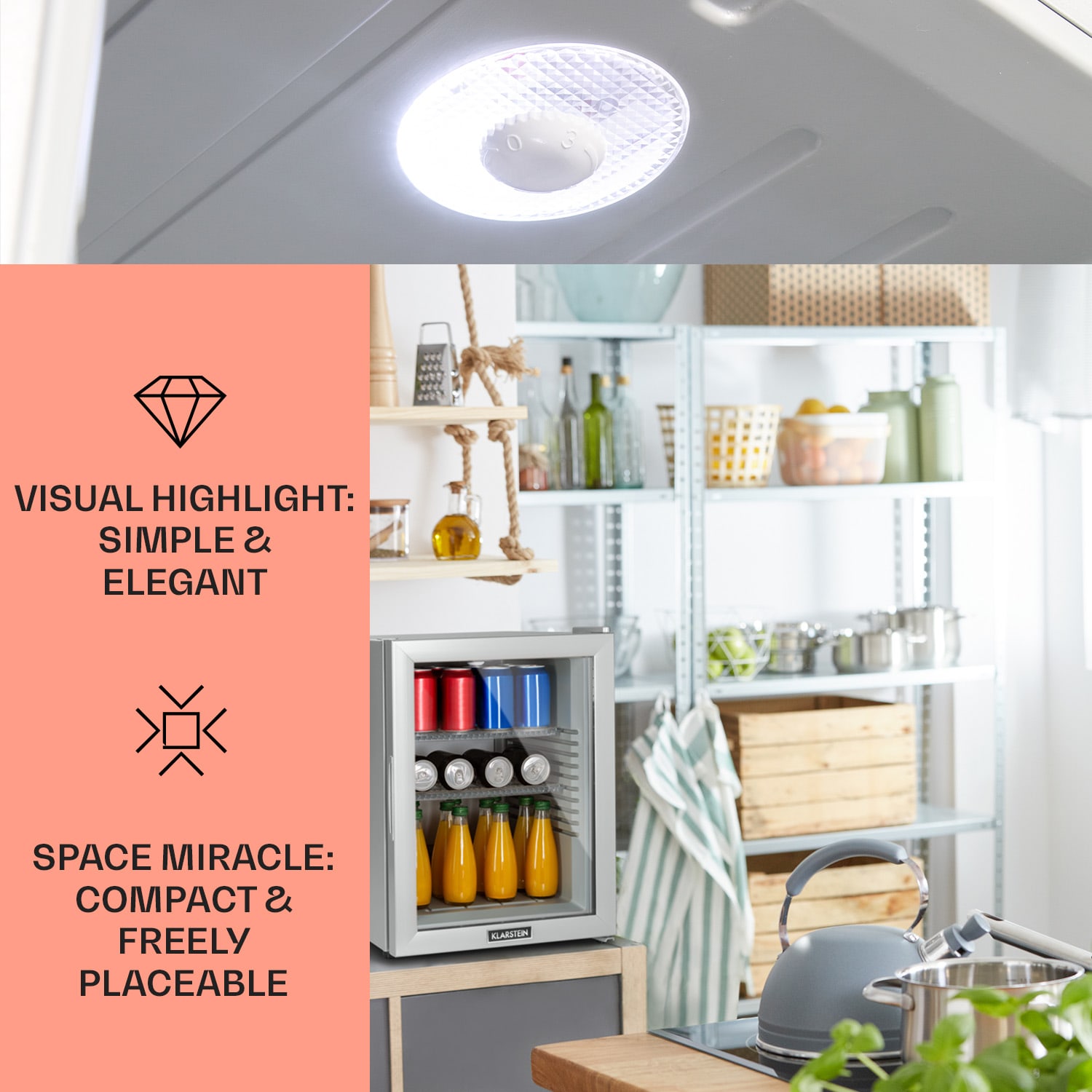 Brooklyn 42 Mini-Kühlschrank Glastür LED Ablage 42 Ltr | Silber-Metallic