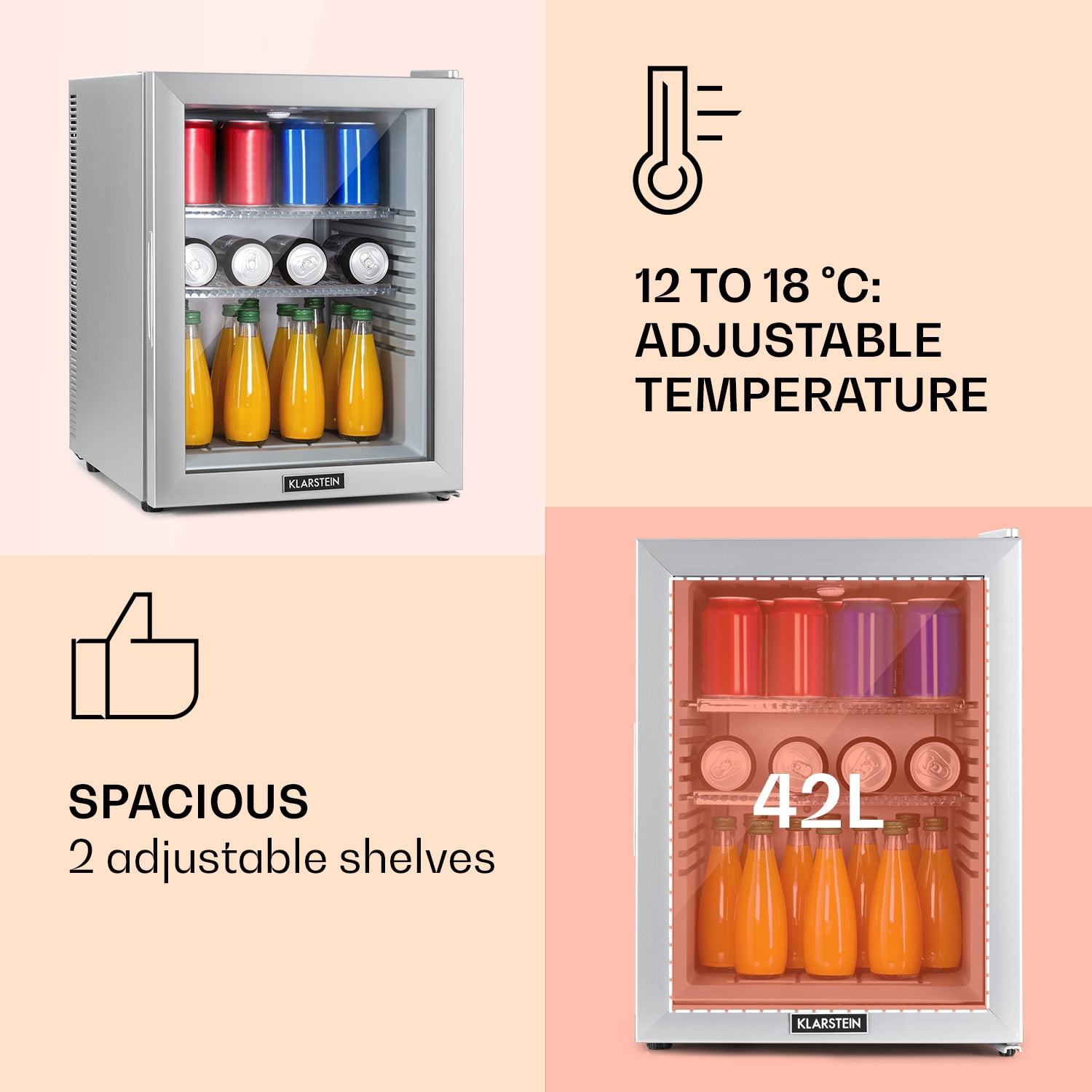 Brooklyn 42 Mini-Kühlschrank Glastür LED Ablage 42 Ltr | Silber-Metallic