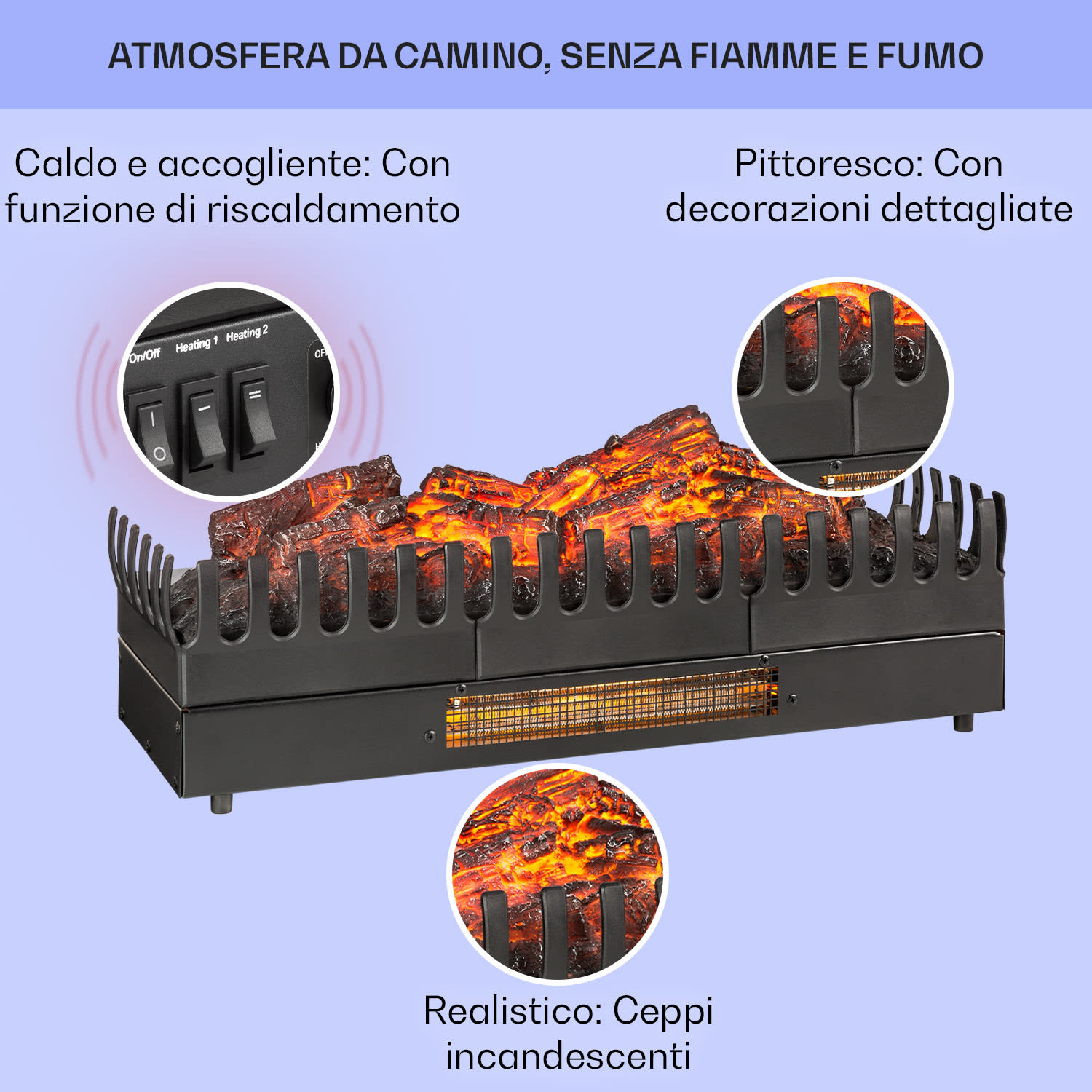 Camino elettrico da incasso FXL 1000/2000W 2W LED nero 67x23x22cm