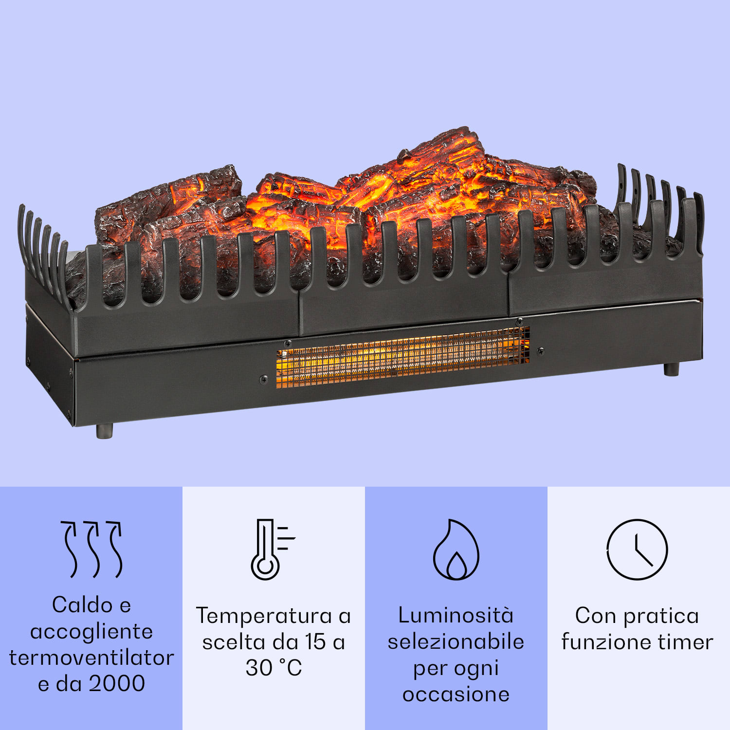 Camino elettrico da incasso FXL 1000/2000W 2W LED nero 67x23x22cm