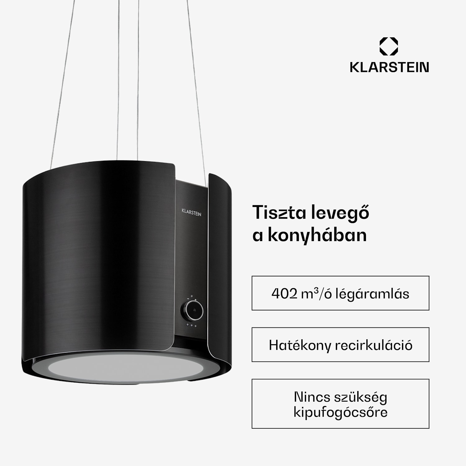 Skyfall, sziget páraelszívó, Ø 45 cm, légkeringetés, 402 m³/ó, LED, nemesacél, fekete Fekete metál