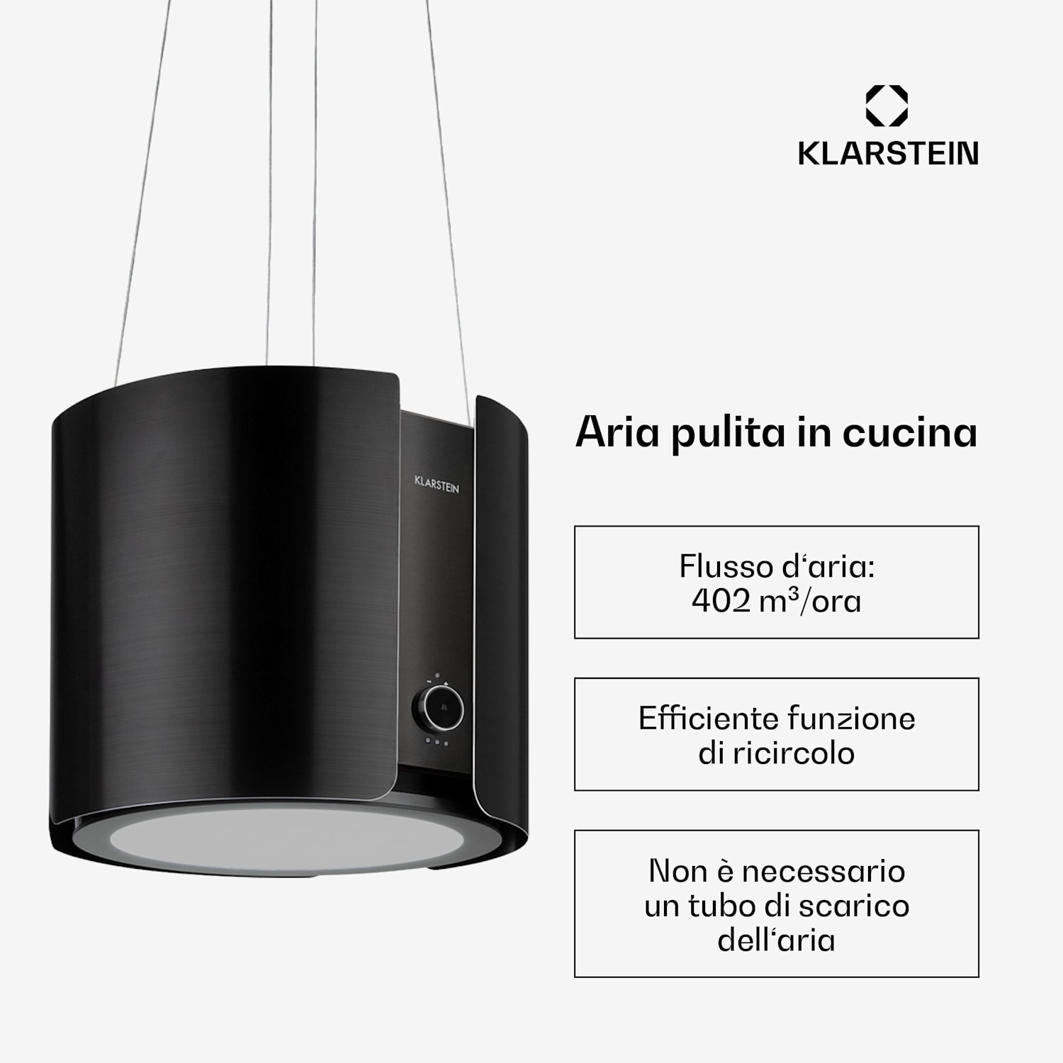 Skyfall Island Cappa aspirante a isola, Ø45cm, a ricircolo d'aria, 402m³/ora, LED Nero metallizzato