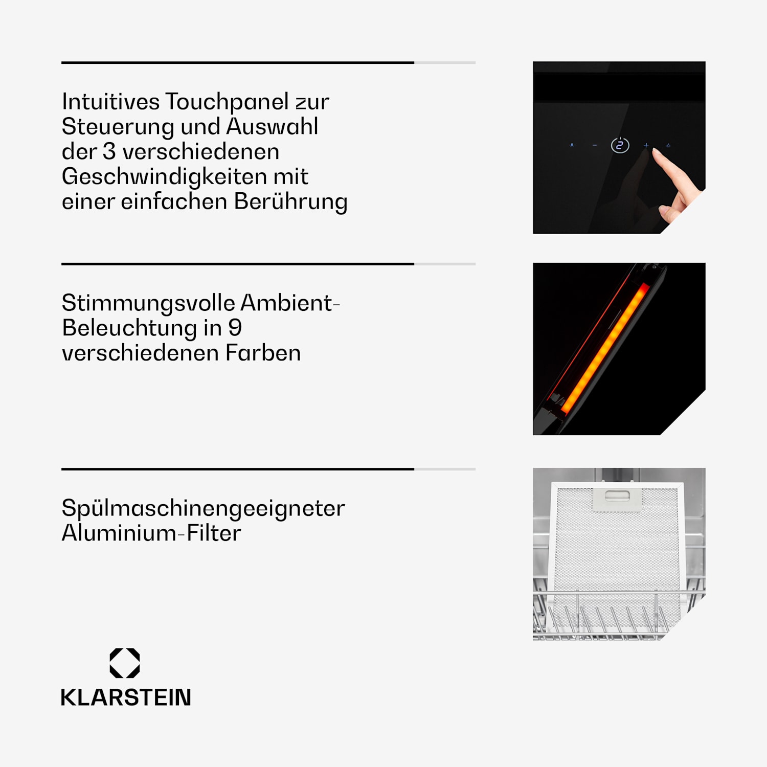 Eleonora 90 Dunstabzugshaube 420 m³/h Touch-Panel Ambiente-Licht 