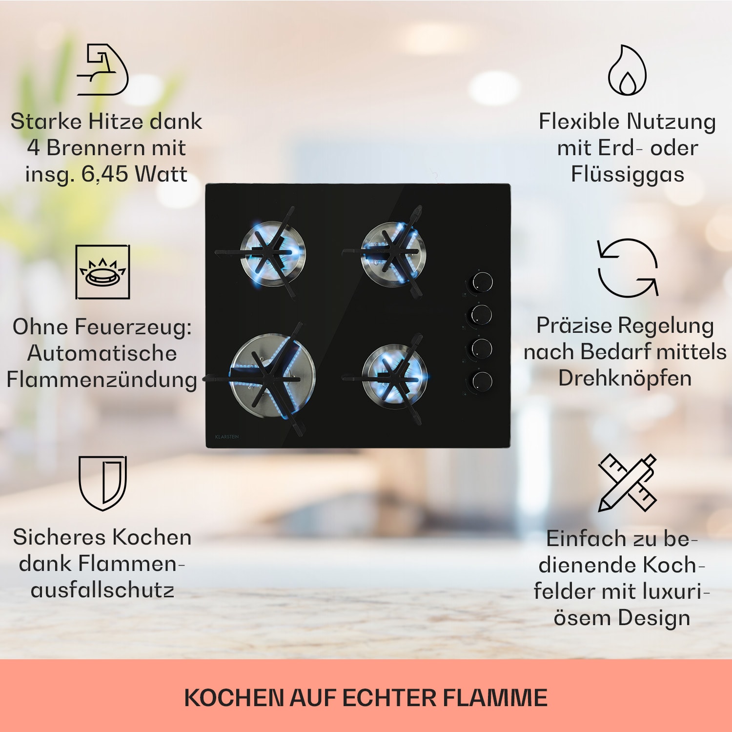 Trifecta 4, piano cottura a gas a 4 fuochi, bruciatore Triangle, vetroceramica, nero 
