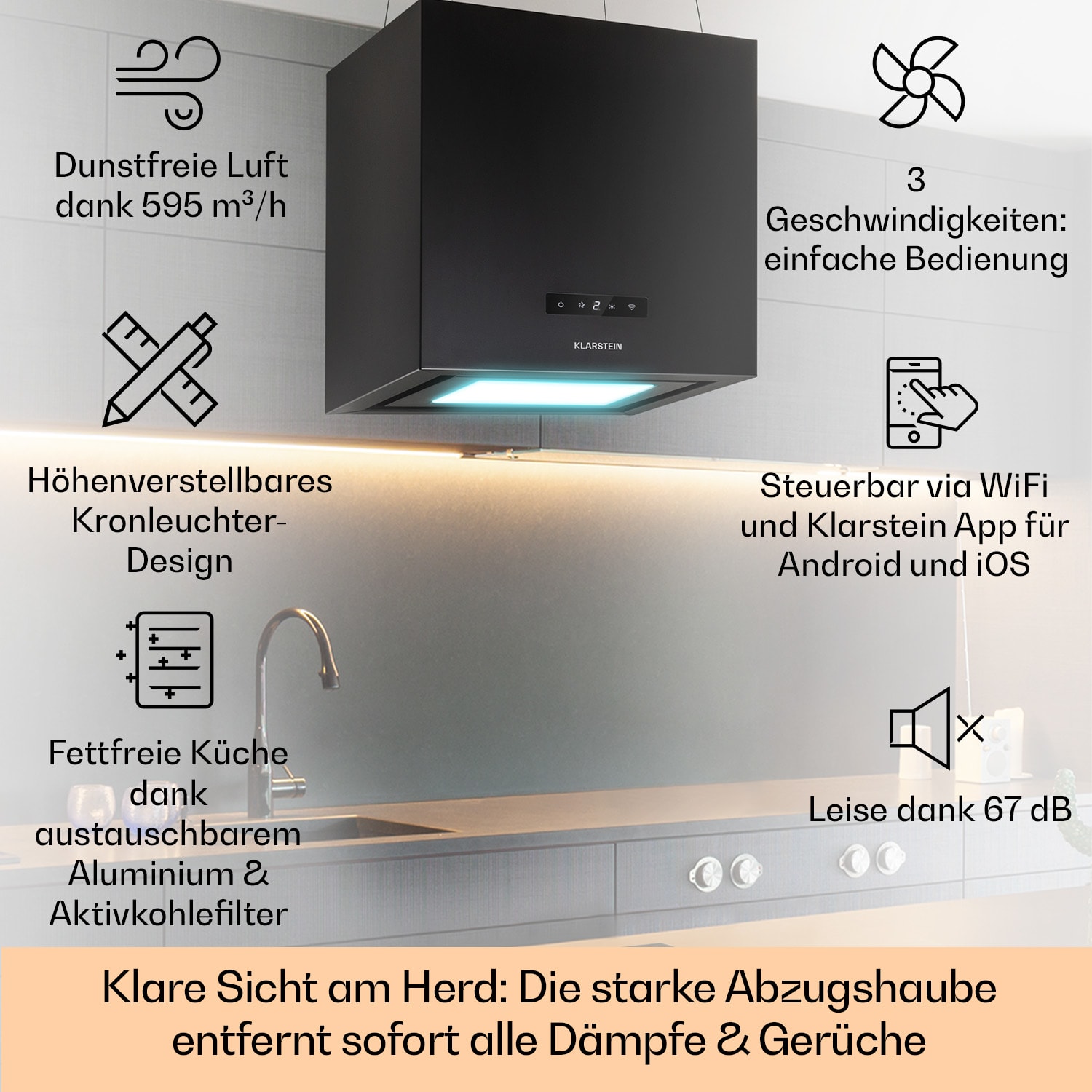 Kronleuchter Smart Inselabzugshaube 595m³/h App-Steuerung LED-Panel Schwarz