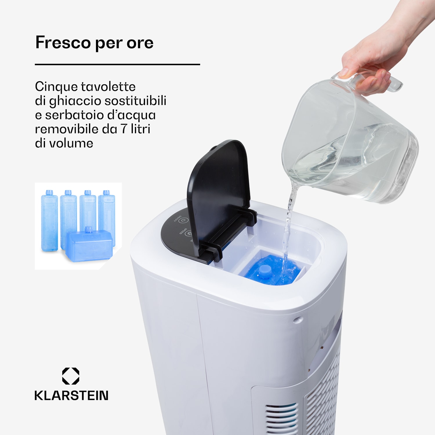 Polar Tower Smart, Ventilatore, Raffreddatore Evaporativo, Telecomando, 5 Piastre Eutettiche, 7L, 85W 
