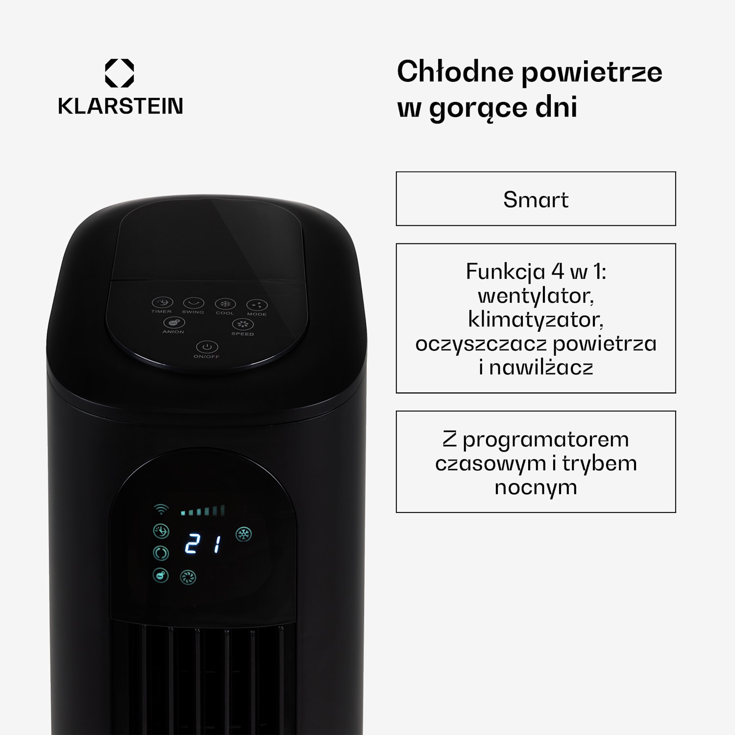 Polar Tower Smart, klimator, wentylator, 7 l, 85 W, pilot zdalnego sterowania, 5 x wkład chłodzący 330 m³/h | Tak | Czarny