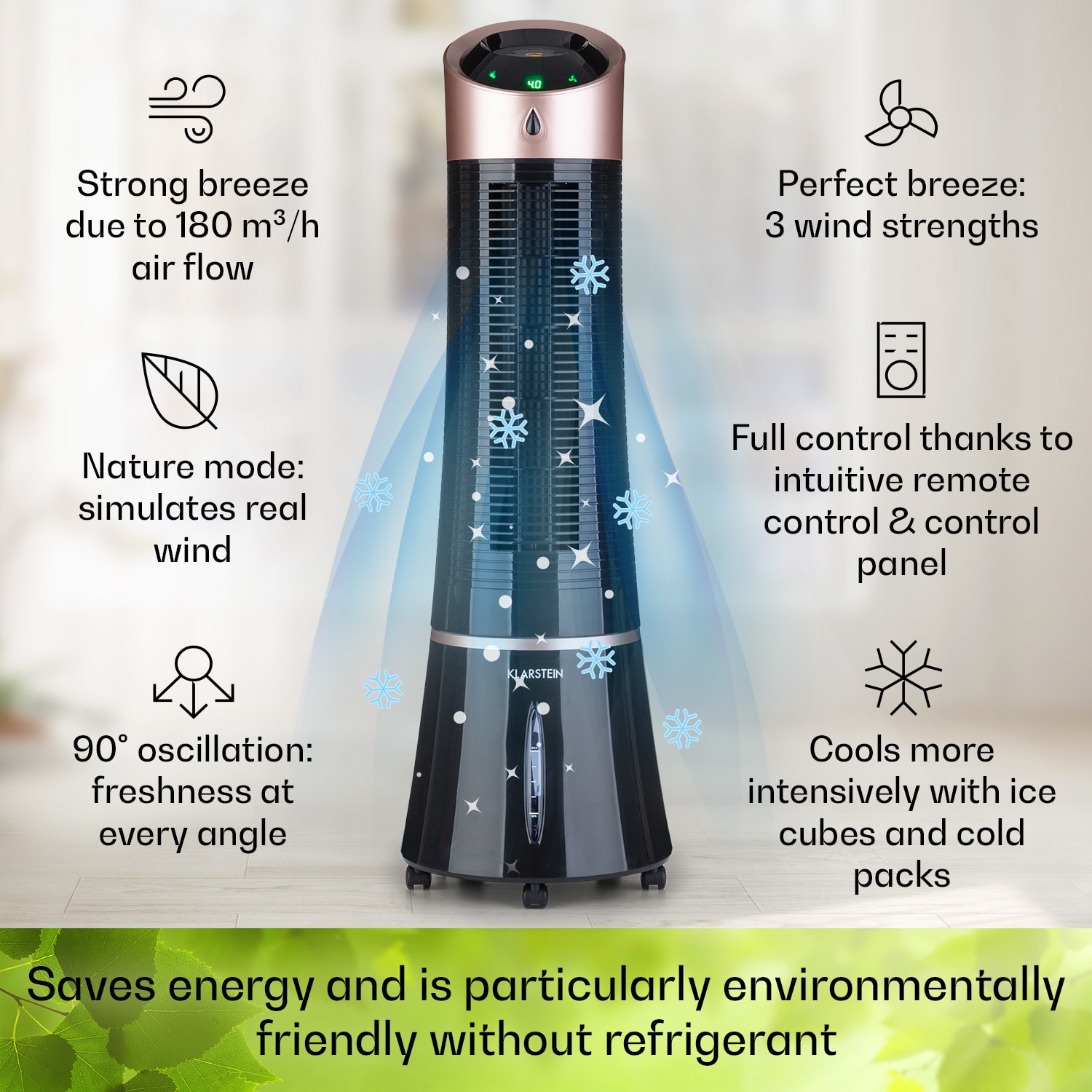 Skyscraper Ice - Ventilatore e raffrescatore evaporativo 4 in 1, 210 m³/h, oscillazione, portatile, telecomando 