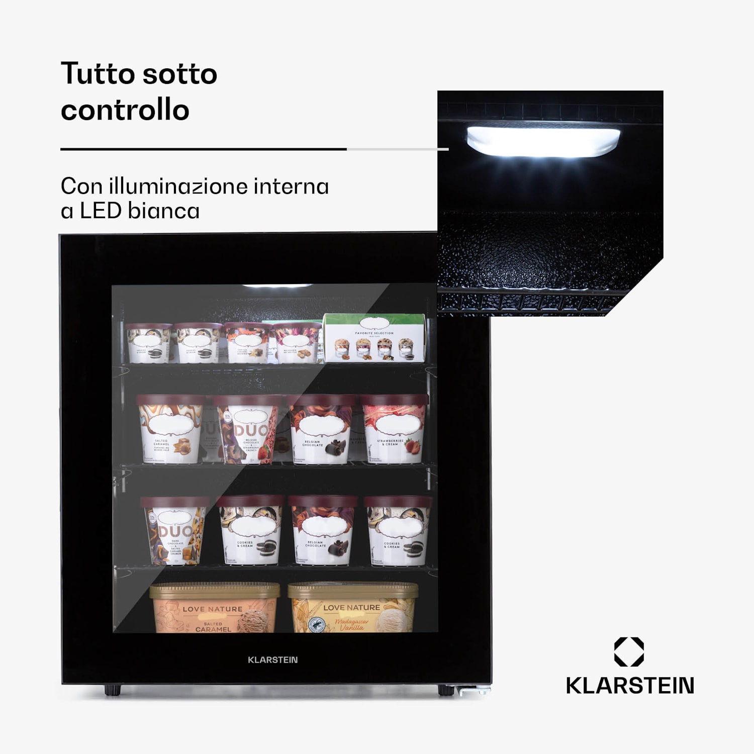IceAge 88 - Freezer, 88 litri, classe di efficienza energetica E, 3 ripiani, termostato, frontale in vetro 88 Ltr | Nero