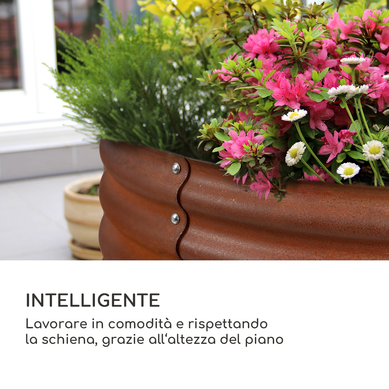 Rust Grow, aiuola rialzata, aiuola da giardino, lamiera d'acciaio zincata, finitura effetto ruggine 100 x 100 x 57 cm | Ruggine
