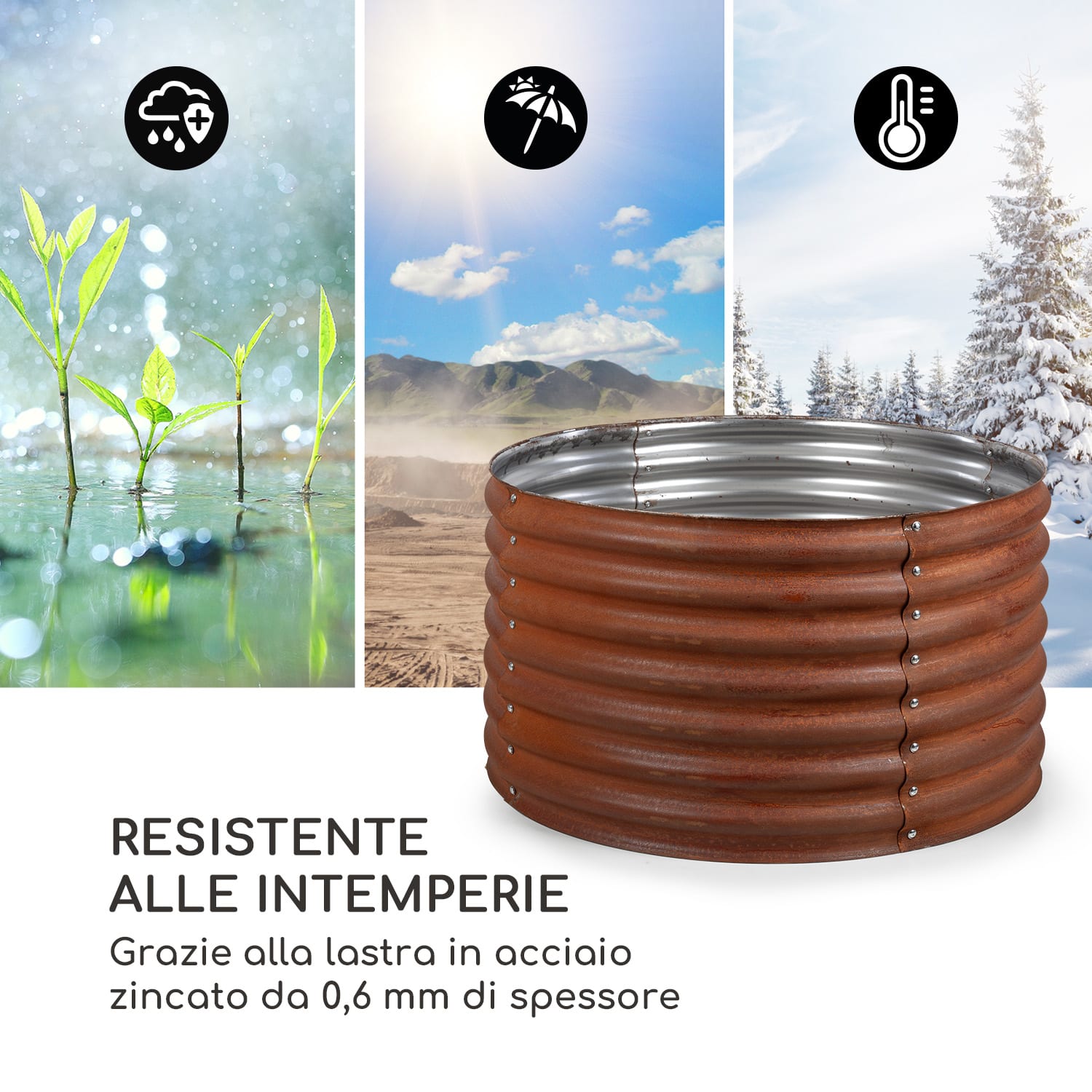 Rust Grow, aiuola rialzata, aiuola da giardino, lamiera d'acciaio zincata, finitura effetto ruggine 100 x 100 x 57 cm | Ruggine
