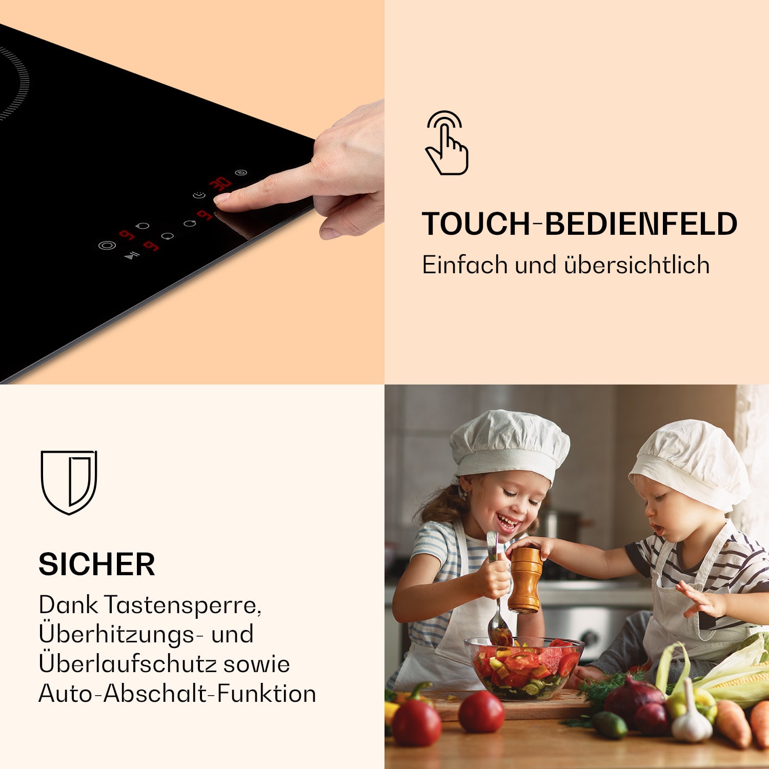 Virtuosa 3 Slim Kochfeld 3 Felder 5000 W Dualzone Timer Keramik 45 cm | Doppelt | Rahmenlos