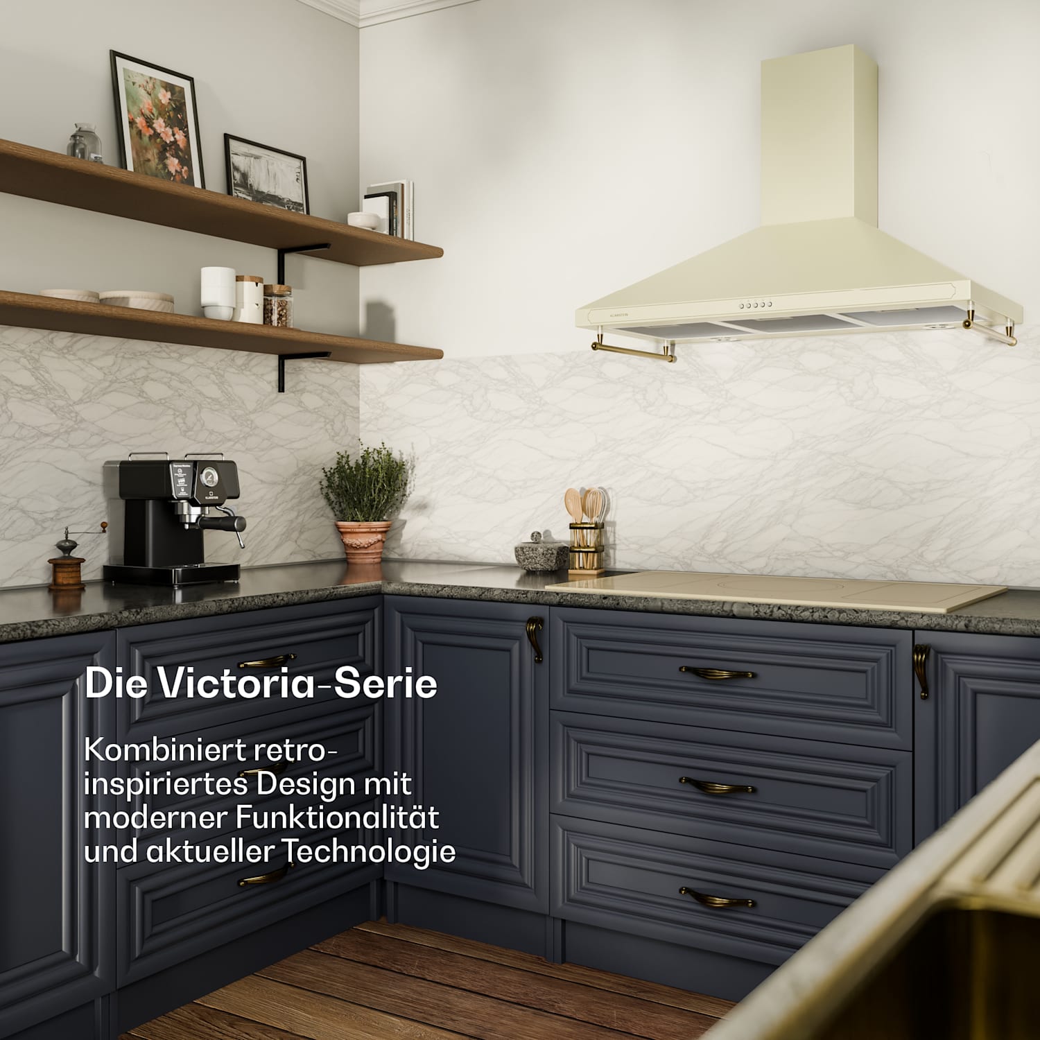 Victoria 90 Dunstabzugshaube 90cm Retro-Design 644,5m³/h 2 LED-Lampen 90 cm | Vintage-Creme