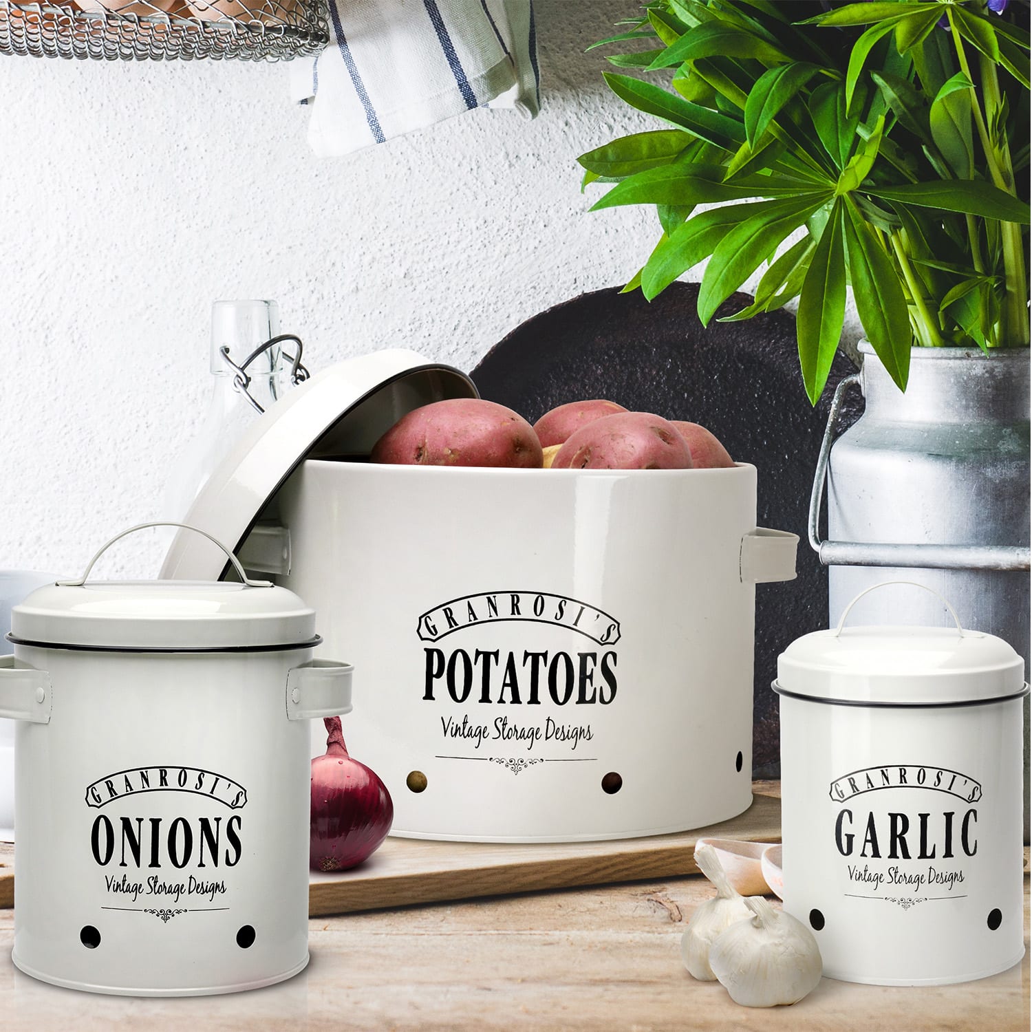 Iowa, onion storage container, enamel steel plate, approx. 17 x 22.5 x 14, stainless steel 