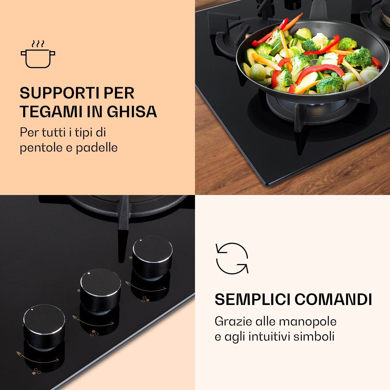 Goldflame 3 - Piano cottura a gas a 3 fuochi, bruciatori in ottone, vetroceramica Nero trasparente