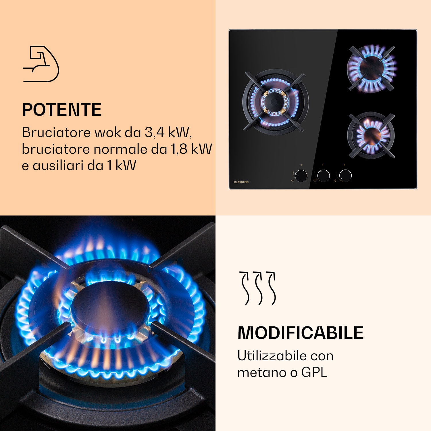 Goldflame 3 - Piano cottura a gas a 3 fuochi, bruciatori in ottone, vetroceramica Nero trasparente