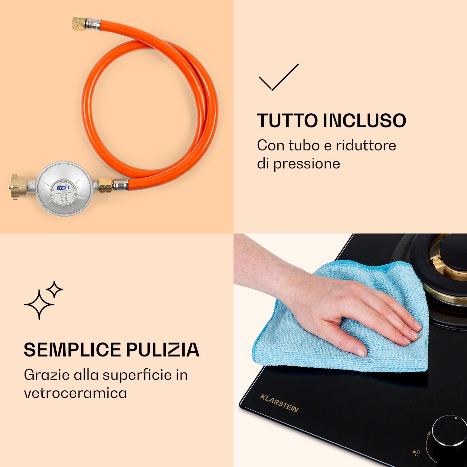 Goldflame 3 - Piano cottura a gas a 3 fuochi, bruciatori in ottone, vetroceramica Nero trasparente