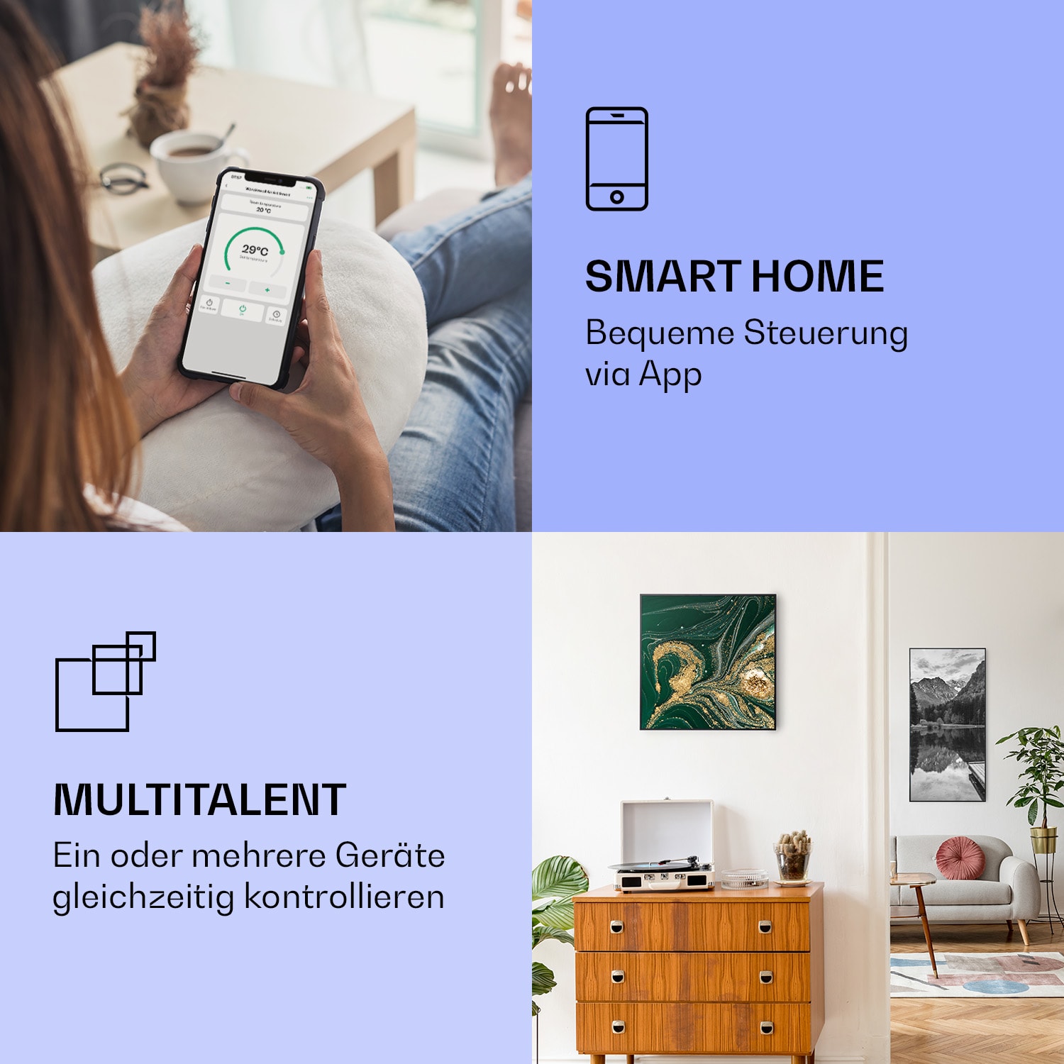 Wonderwall Air Art Smart Infrarotheizung Wirbel 60x60cm 350W 60 x 60 cm | Wirbel, schwarzer Rahmen