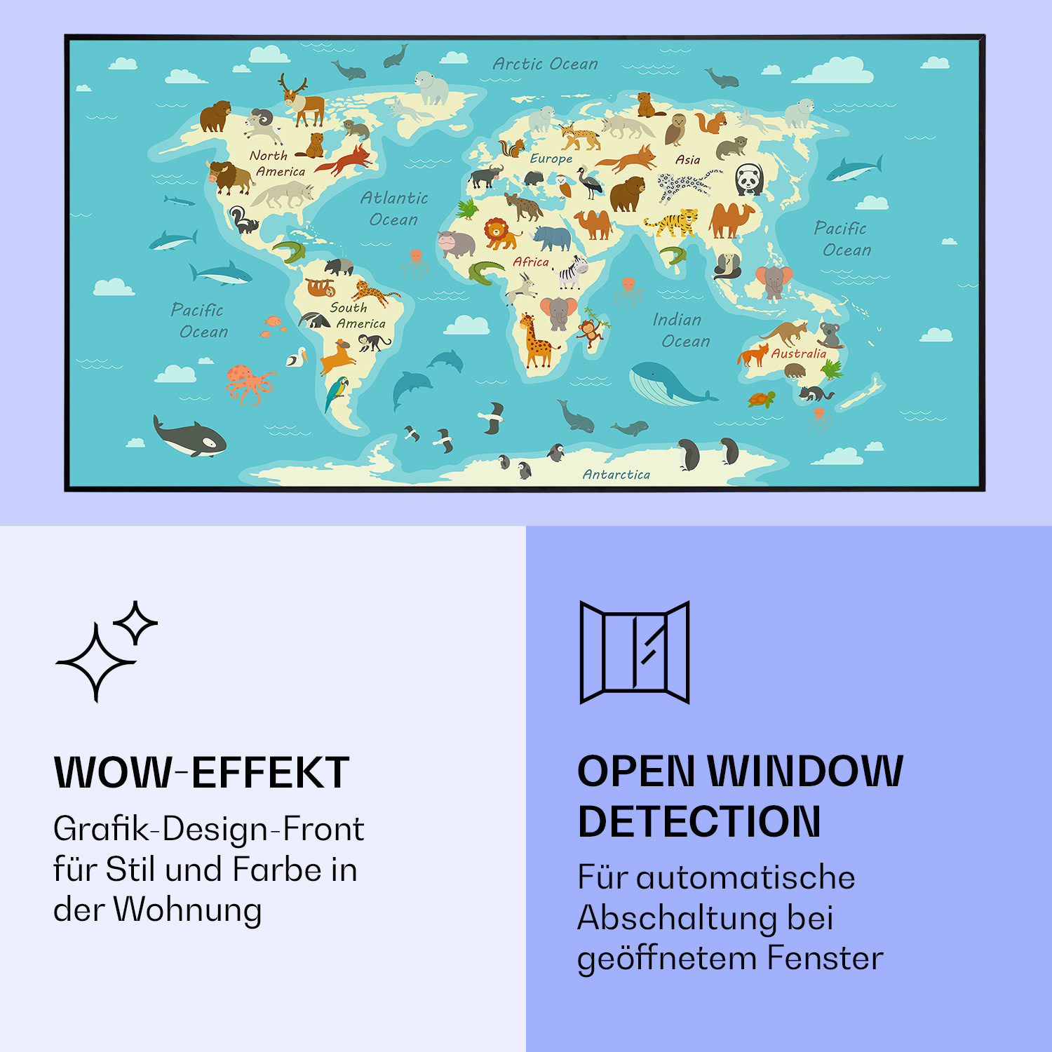Wonderwall Air Art Smart Riscaldatore a infrarossi Mappa con animali 120x60cm 700W 