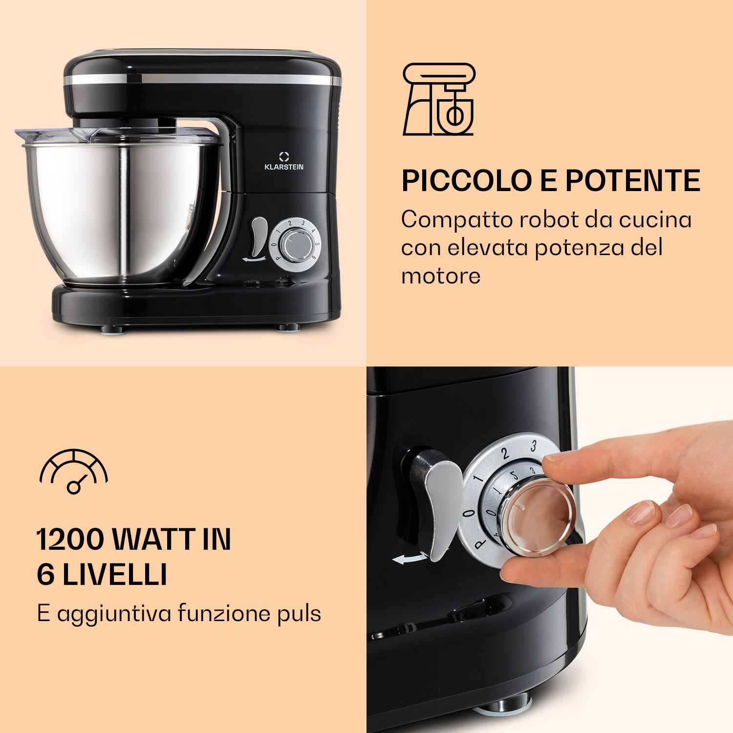 Bella Mini - Mixer da cucina, 1200 W, 6 livelli di potenza, 4 litri, acciaio inox, funzione a impulsi 