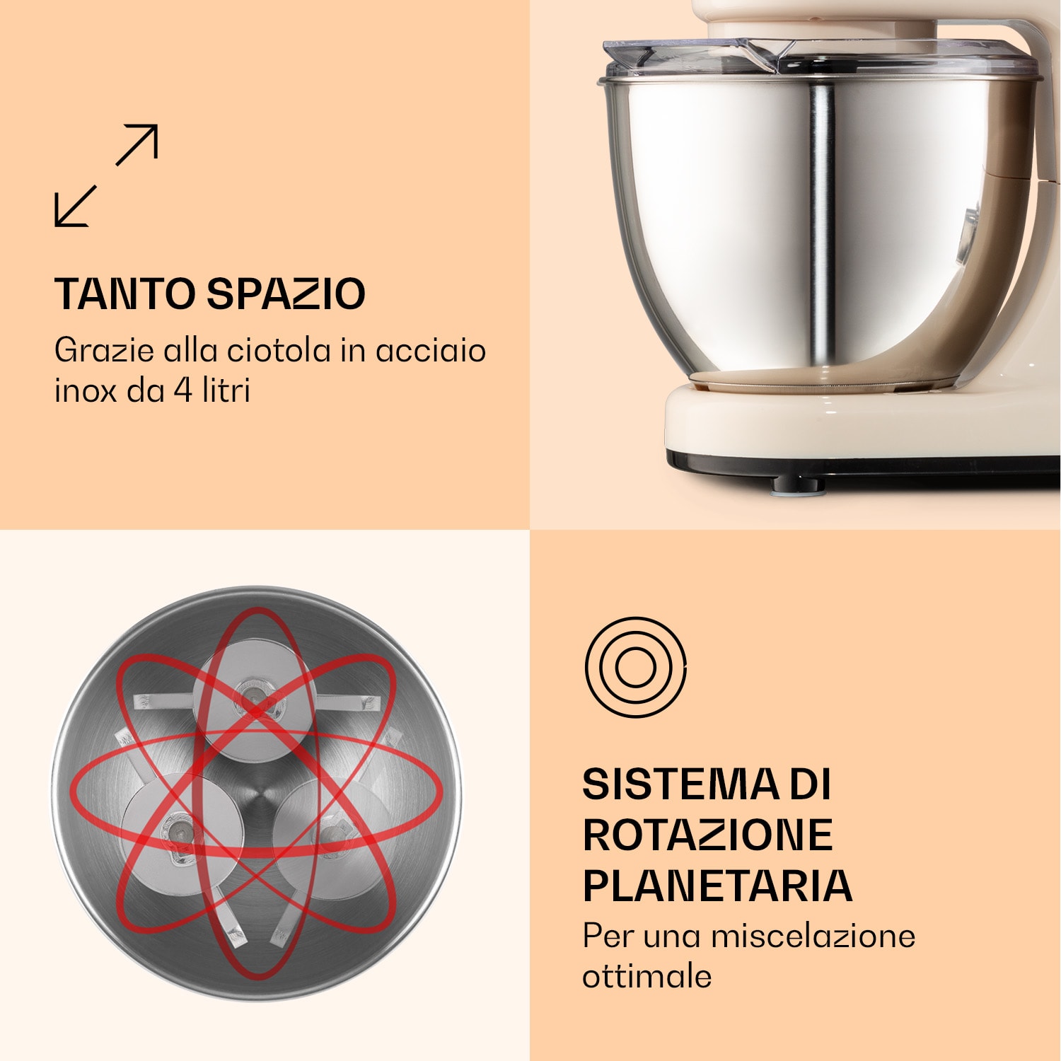 Bella Mini - Mixer da cucina, 1200 W, 6 livelli di potenza, 4 litri, acciaio inox, funzione a impulsi Crema vintage
