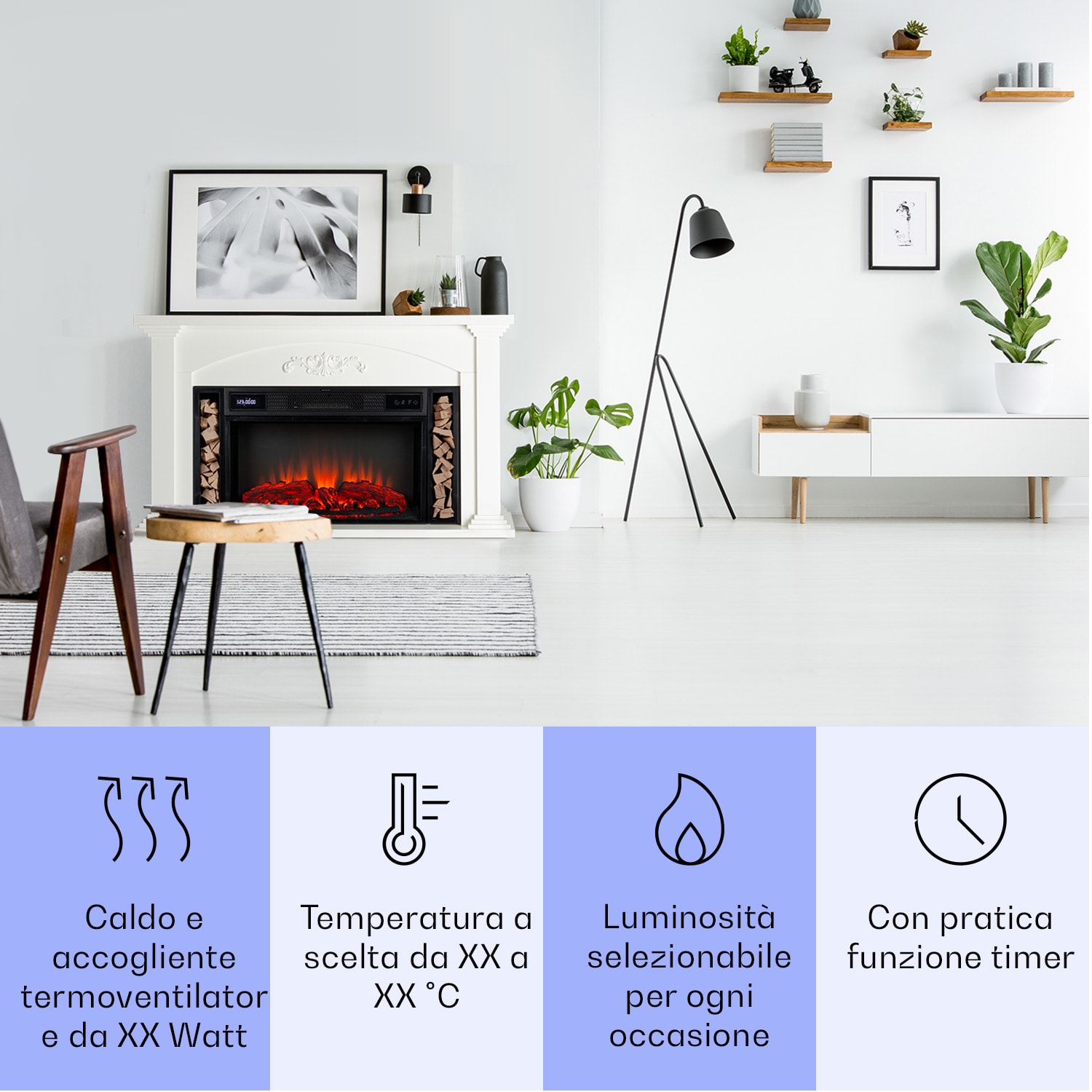 Villarrica caminetto elettrico, 1900 W, tecnologia a LED, incasso nel muro, telecomando  