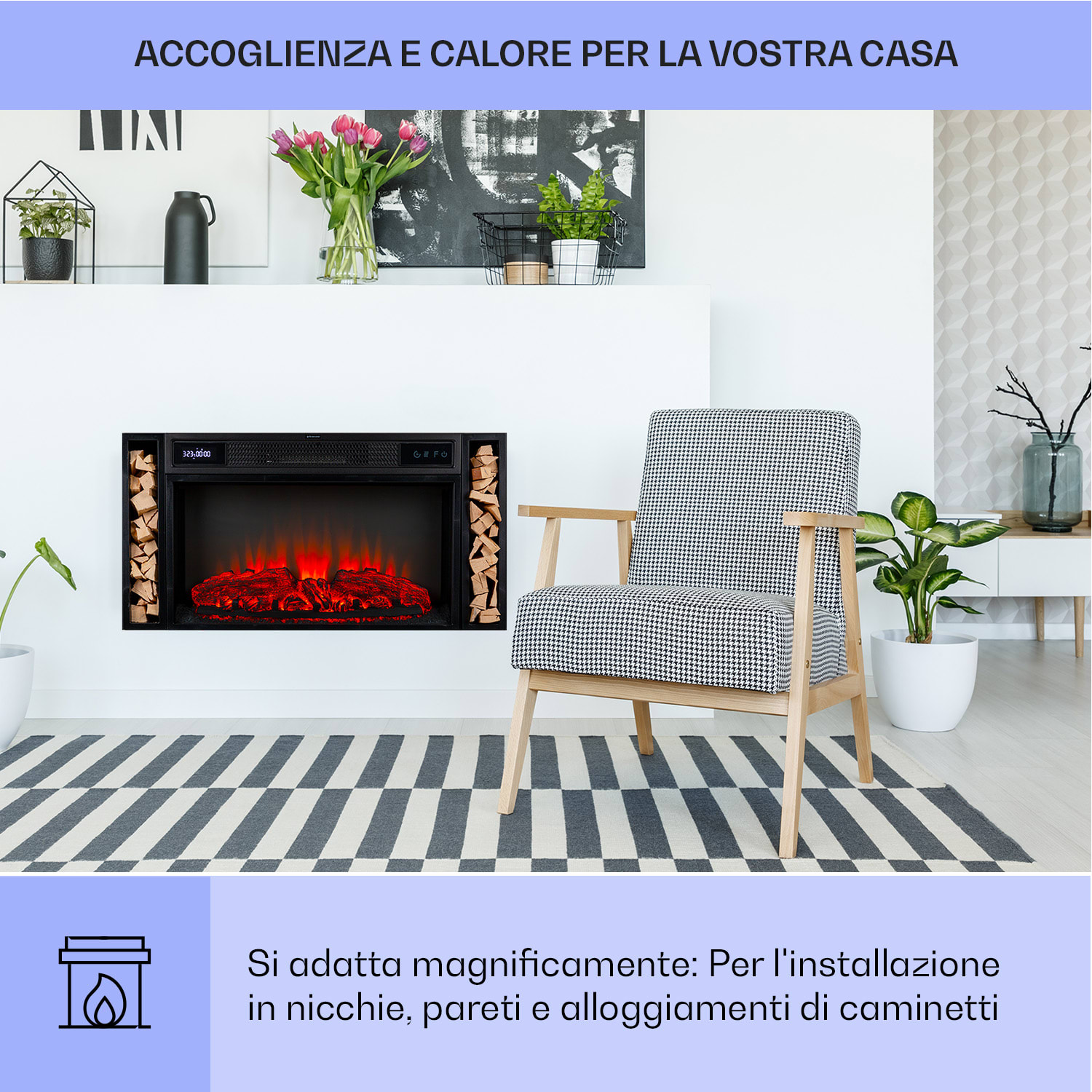Villarrica caminetto elettrico, 1900 W, tecnologia a LED, incasso nel muro, telecomando  