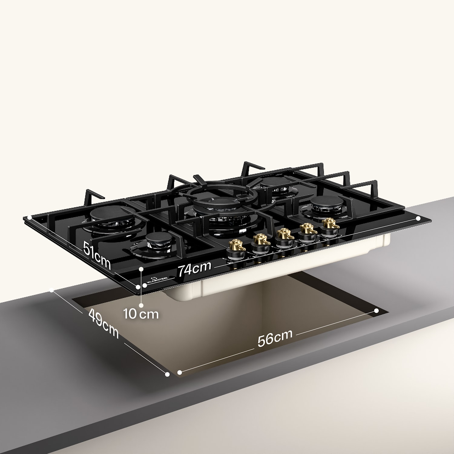 Victoria 5 Gas Hob 5-Flame Sabaf Burners Glass Ceramic Retro Look  75 cm | Glass | Black