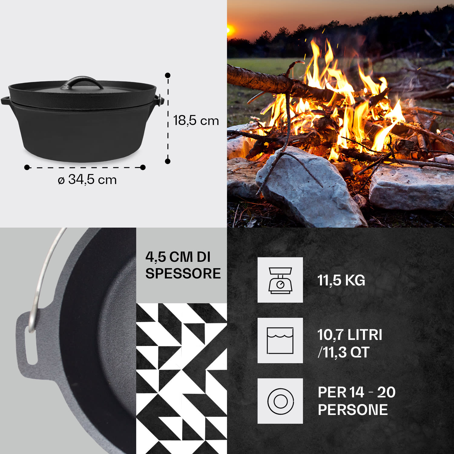Galloway - Dutch oven 11.3, pentola per BBQ, ghisa, pretrattata, misura XL/11.3 qt ca. 10,7 Ltr / 11.3 qt | senza piedi