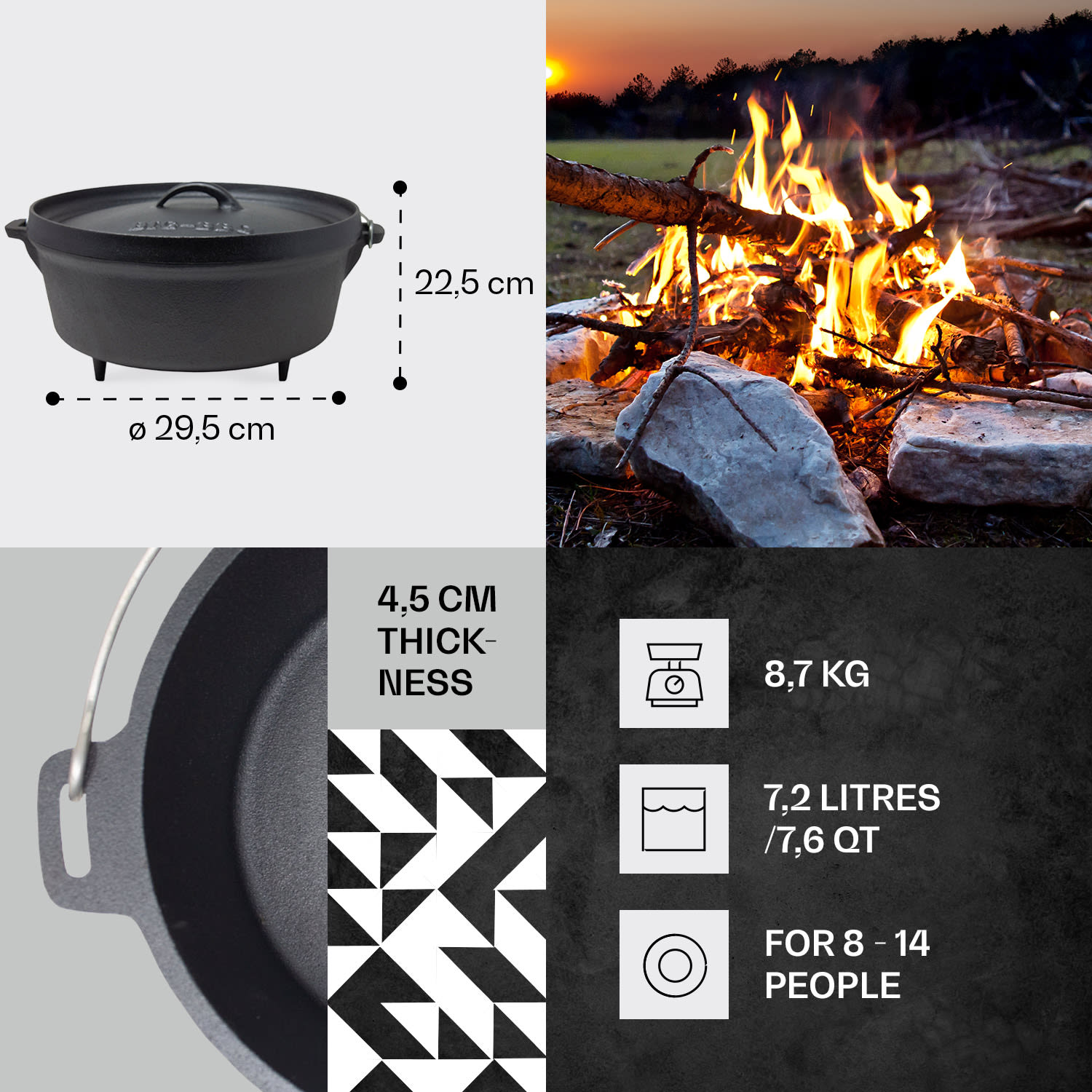Galloway Dutch Oven 7.6 BBQ Pot Cast Iron Pre-Baked Size L / 7.6 qt ca. 7.2 Ltr / 7.6 qt | feet