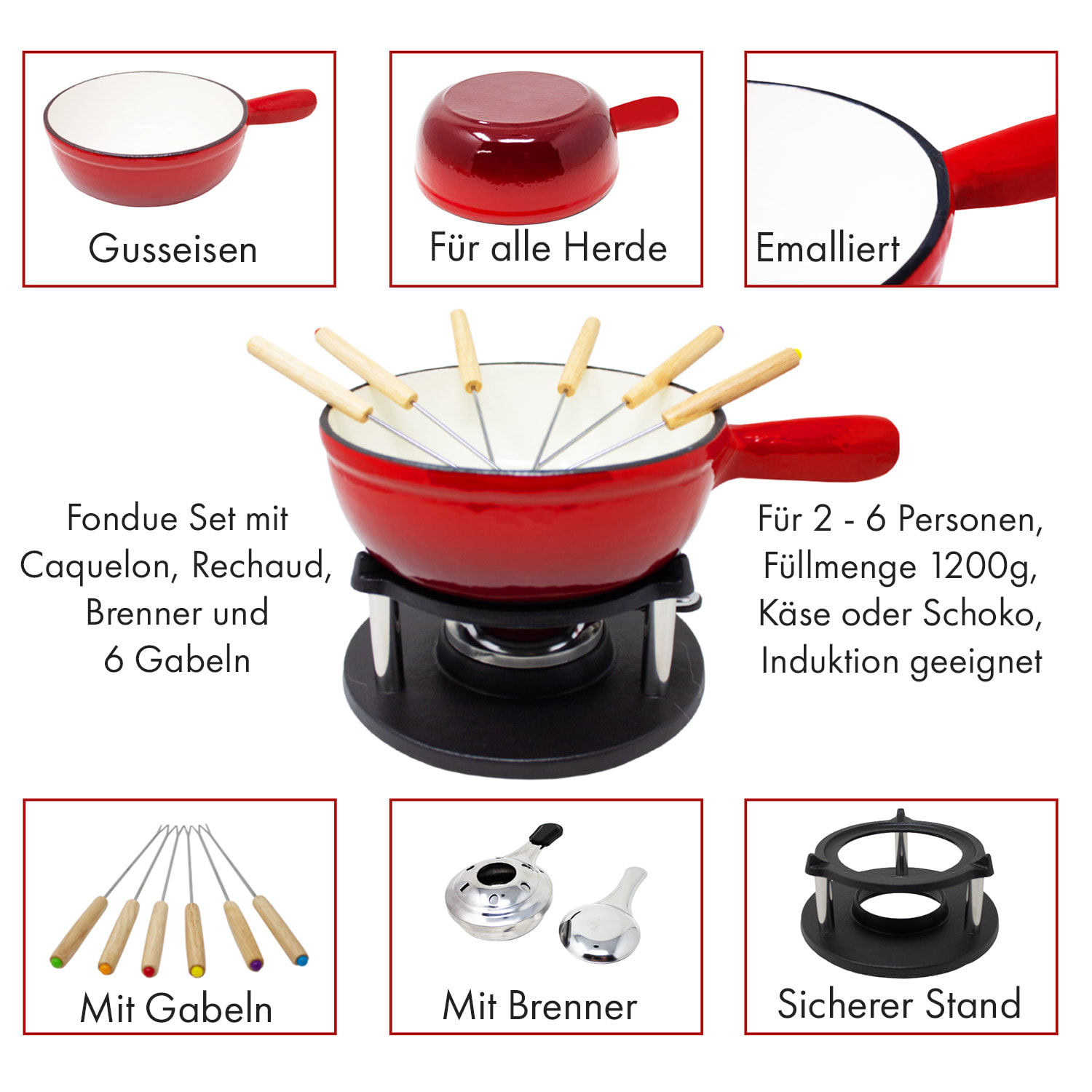 Holsten Fondue-Set Topf Stövchen Brenner 6 Gabeln 1,5 L Gusseisen Rot