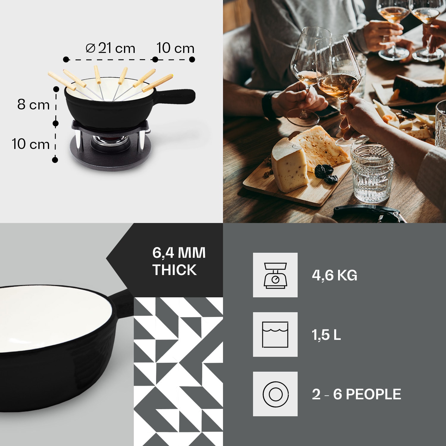 Holsten Fondue Set Pot Stove Burner 6 Forks 1.5 L Cast Iron Black