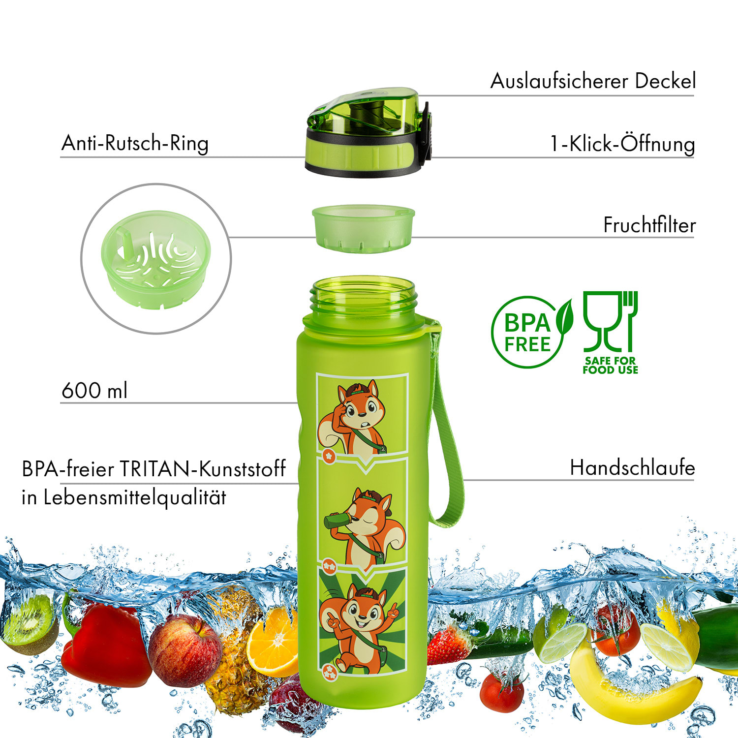 Lyseren Kindertrinkflasche 600 ml Trinkskala auslaufsicher Fruchtfilter Limettengrün