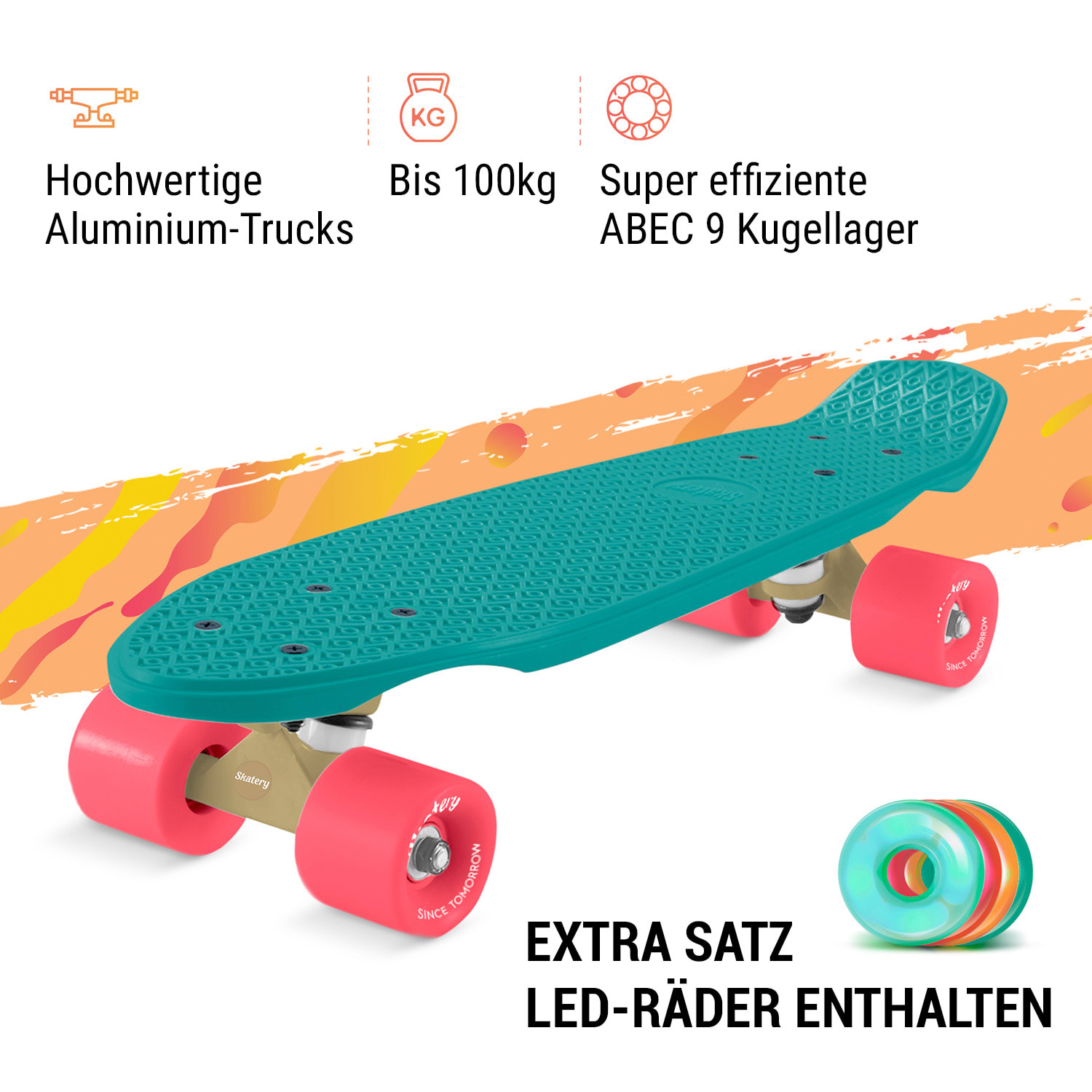 Mini Cruiser Skateboard Trickboard PP-Board 100kg LED-Rollen PU Härte: 88A 