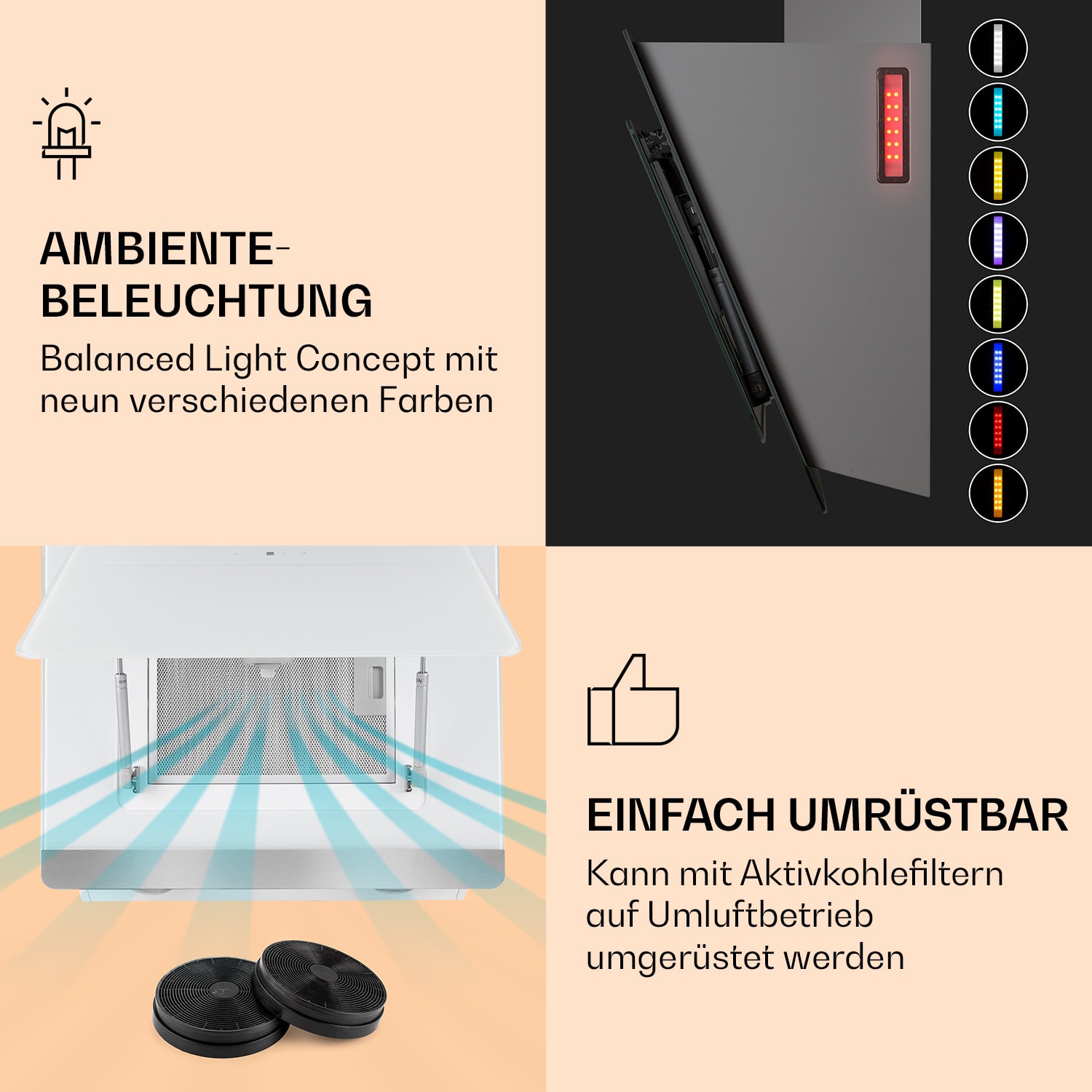 >Aurora Eco 60 Dunstabzugshaube 550 m³/h 60cm kopffrei Ambientelicht EEC A+ 