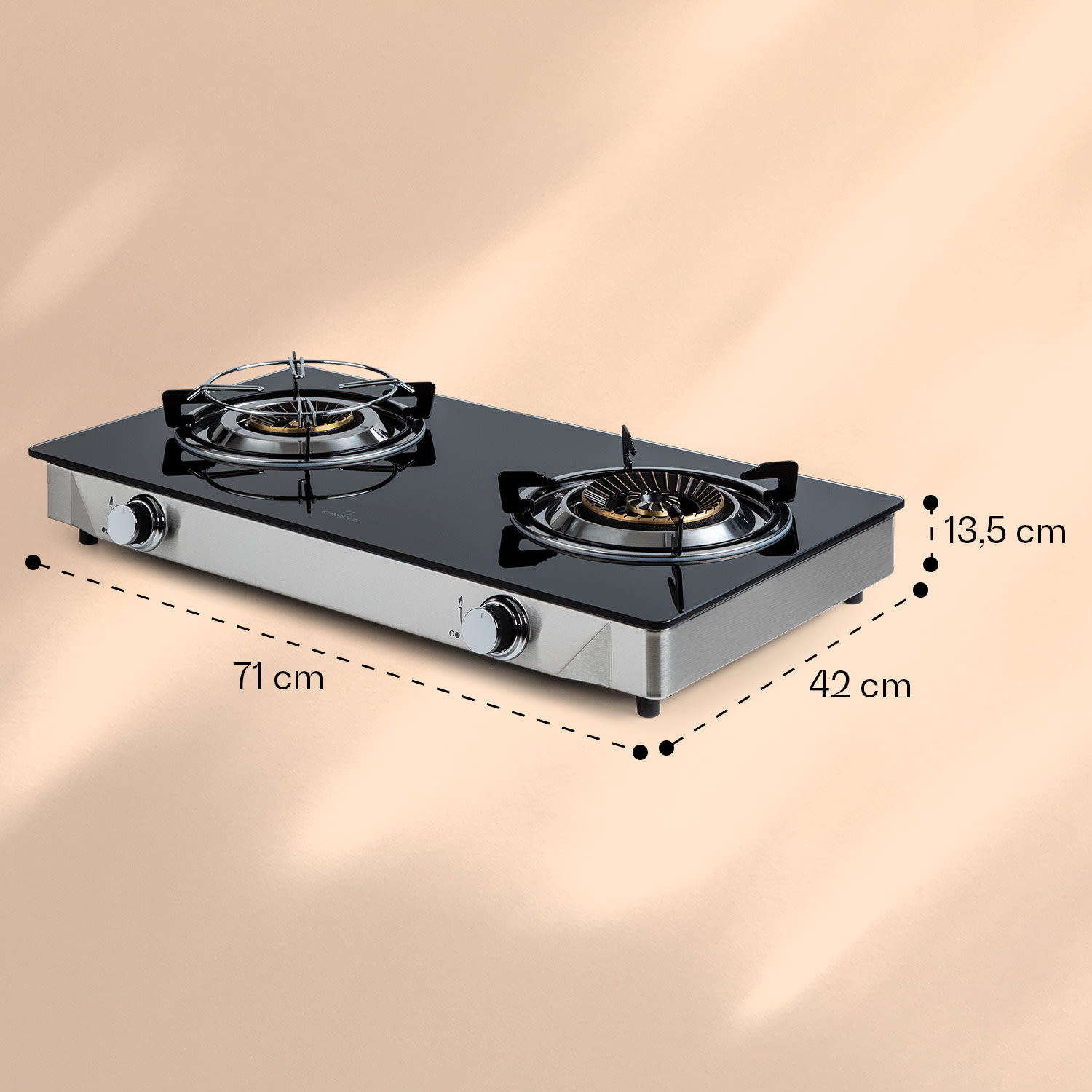 Barzona 2 Campingkocher 2 Brenner 3,4 kW & 4,3 kW Glasplatte Edelstahl G30 / 50 mbar | 2 Brenner | Schwarz