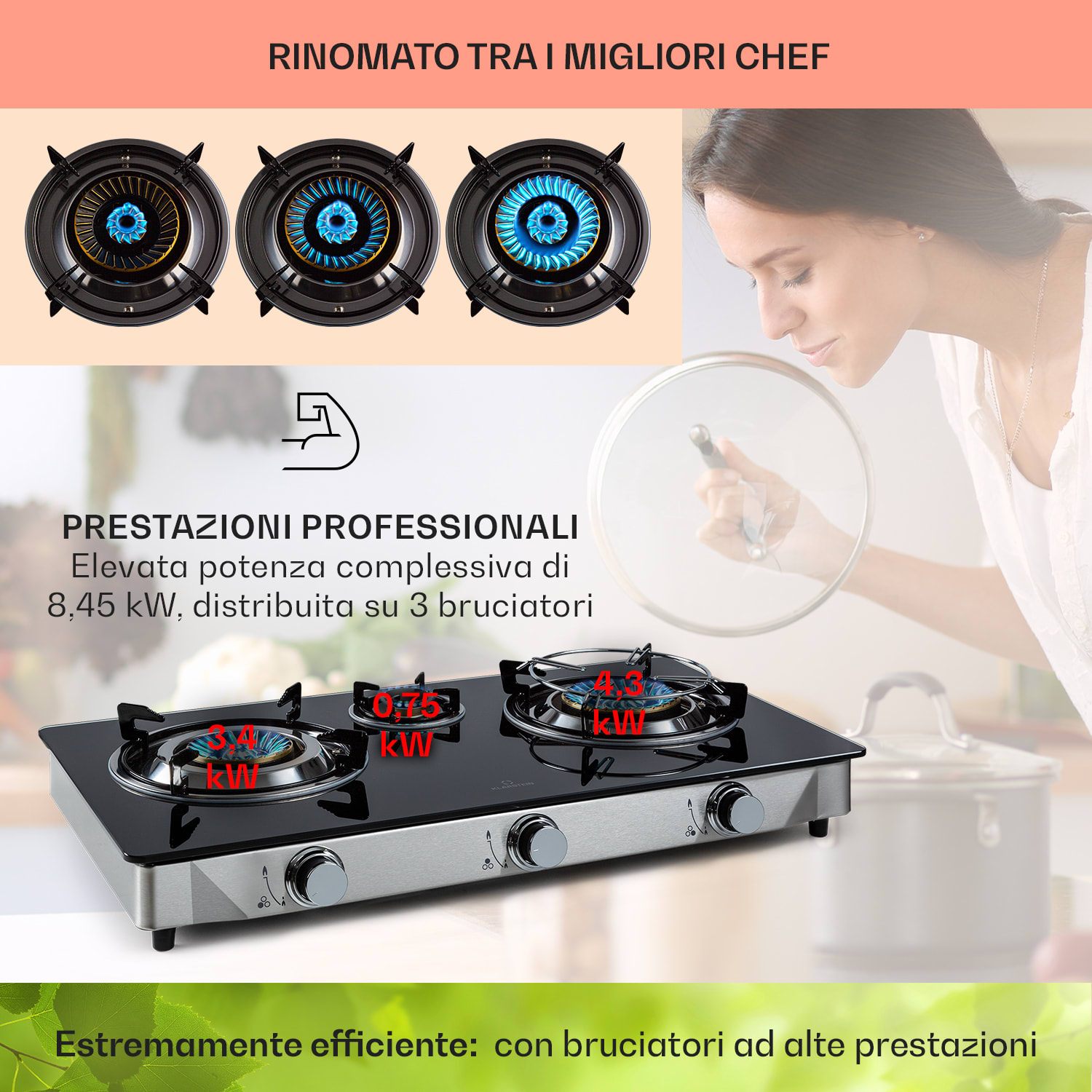 Barzona 3 fornello da campeggio, 3 bruciatori da 3,4 kW & 0,75 kW & 4,3 kW, piano in vetro e alloggiamento in acciaio inossidabile G31 / 30 mbar | 3 Bruciatore | Nero