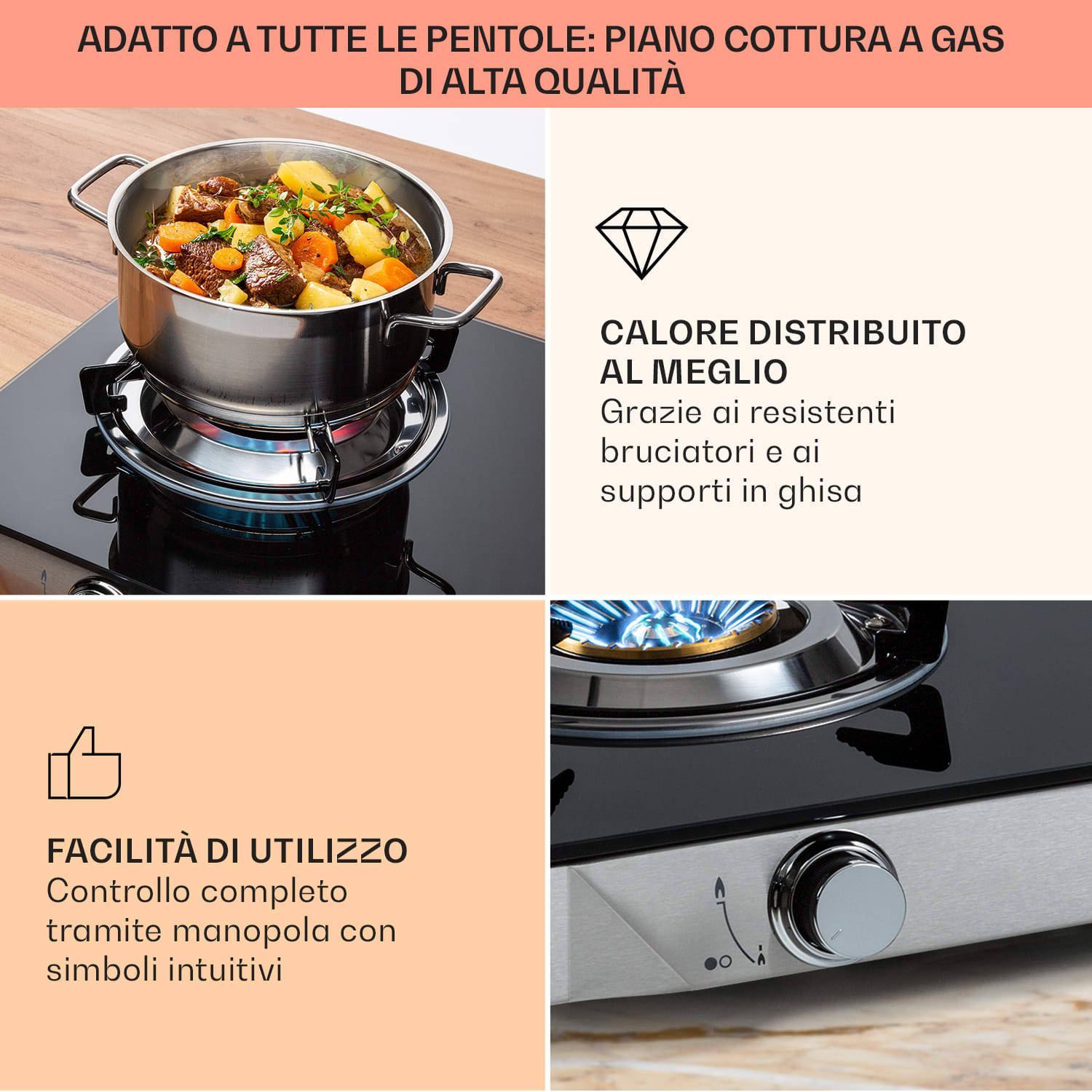 Barzona 3 fornello da campeggio, 3 bruciatori da 3,4 kW & 0,75 kW & 4,3 kW, piano in vetro e alloggiamento in acciaio inossidabile G31 / 30 mbar | 3 Bruciatore | Nero