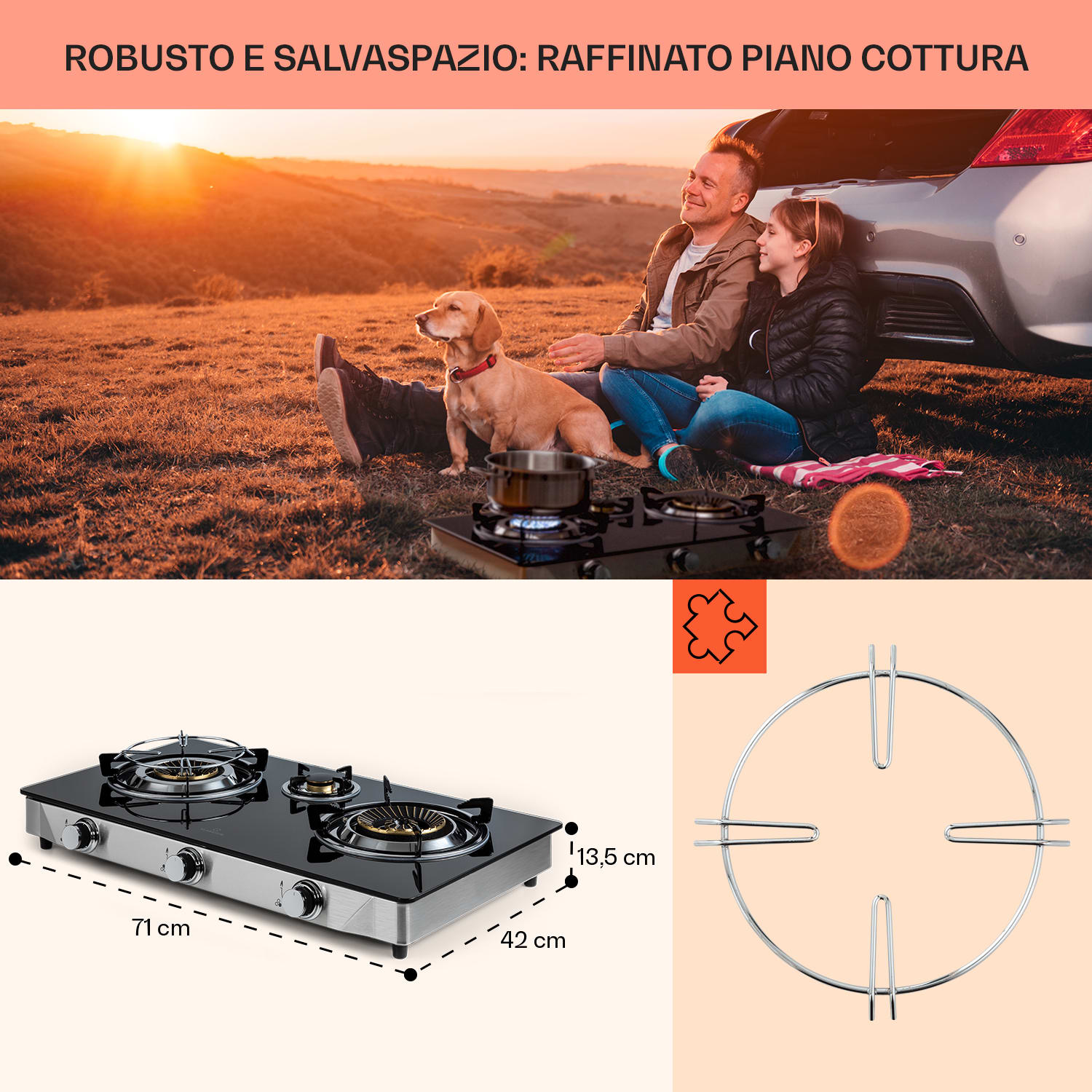 Barzona 3 fornello da campeggio, 3 bruciatori da 3,4 kW & 0,75 kW & 4,3 kW, piano in vetro e alloggiamento in acciaio inossidabile G31 / 30 mbar | 3 Bruciatore | Nero