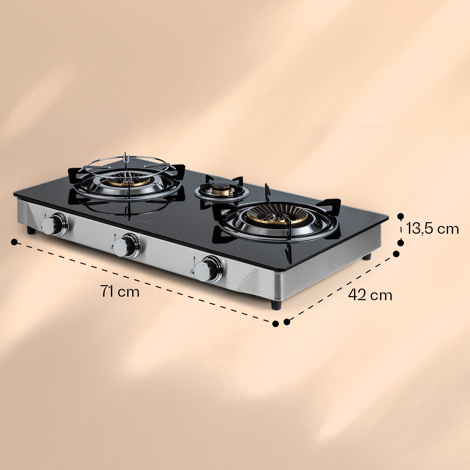 Barzona 3 fornello da campeggio, 3 bruciatori da 3,4 kW & 0,75 kW & 4,3 kW, piano in vetro e alloggiamento in acciaio inossidabile G31 / 30 mbar | 3 Bruciatore | Nero