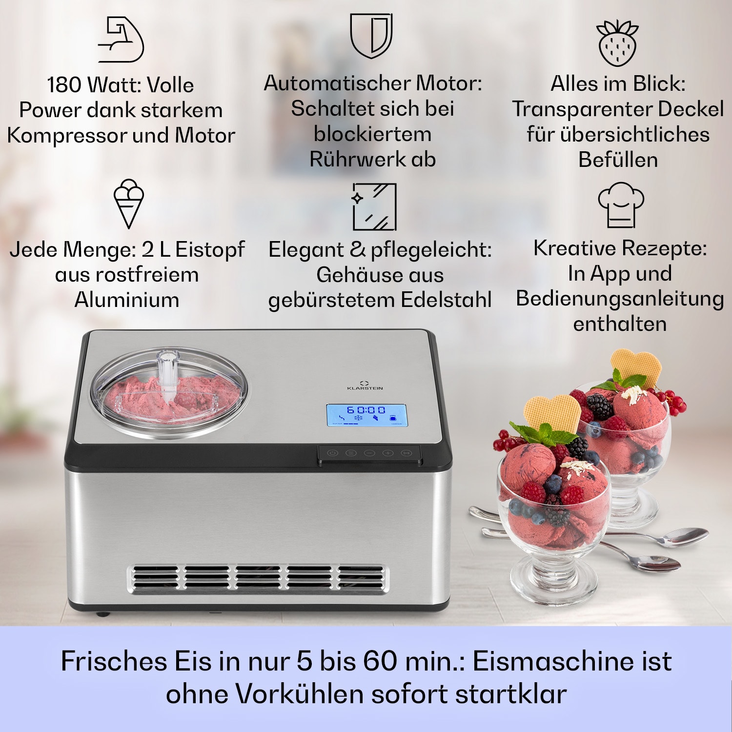 Dolce Bacio Smart Eiscremebereiter Yogurtmaker Kompressor 2 Liter WiFi Touch Edelstahl 