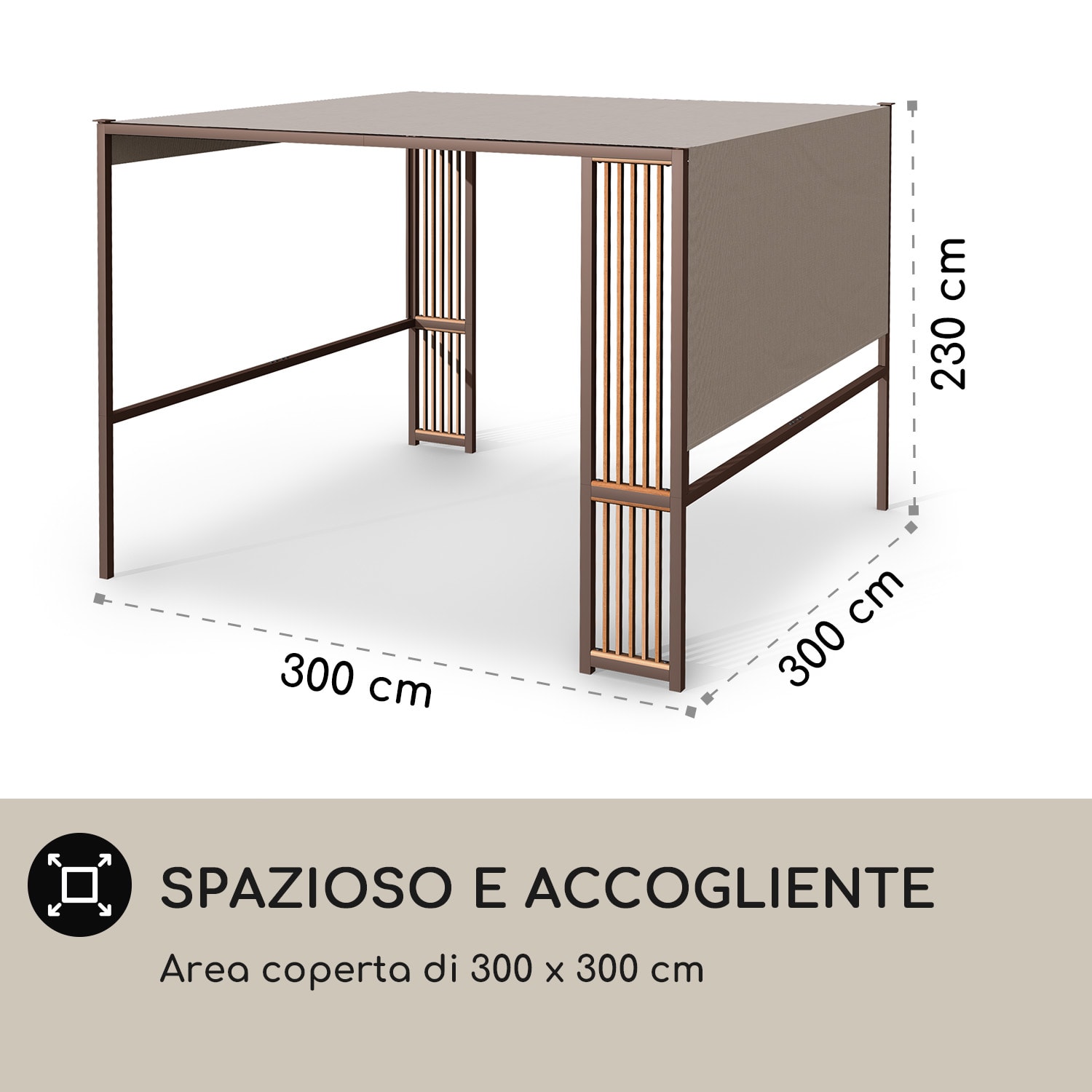 Valence gazebo 3x3 m, UV50+, idrorepellente, illuminazione solare a LED, pannello solare Puntoni verticali | Taupe scuro