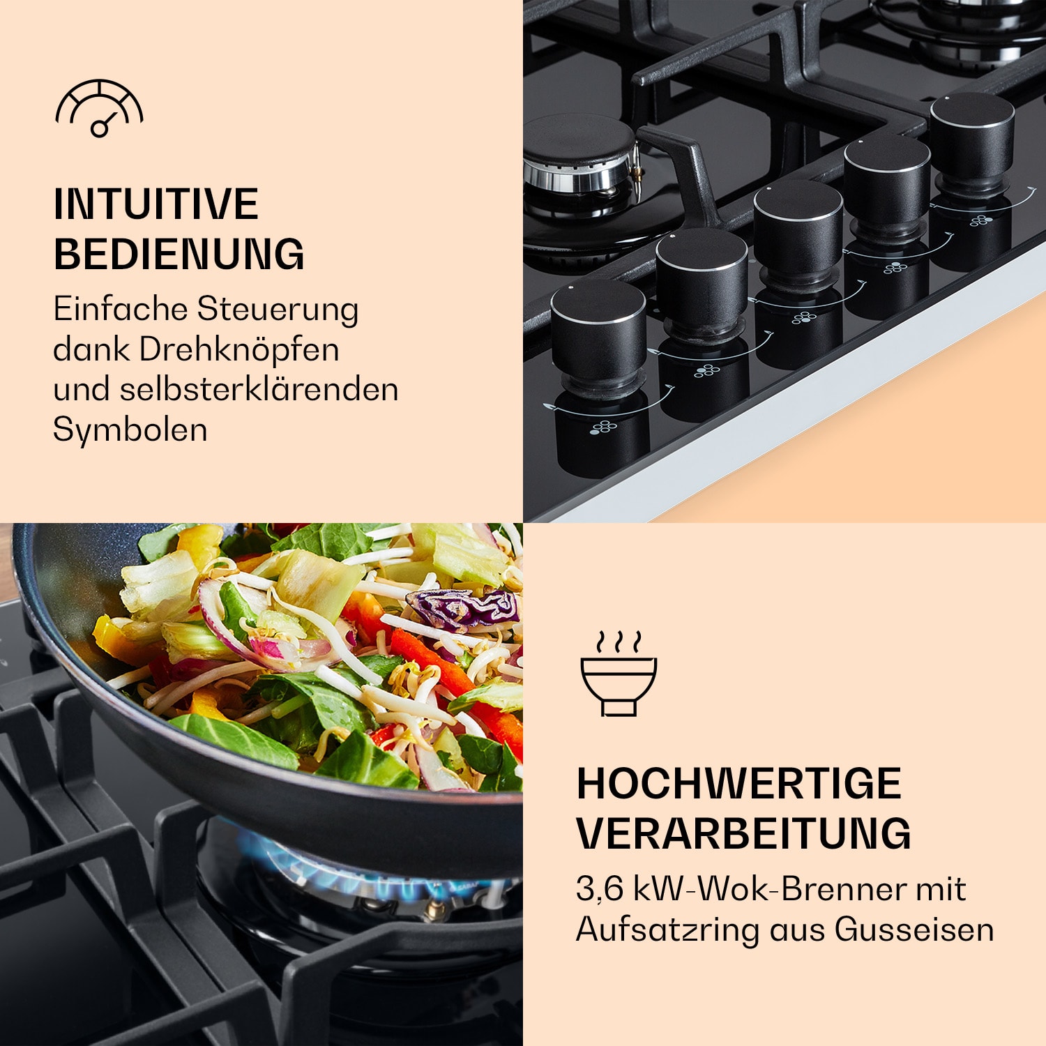 Ignito Chef Edition 5 Zonen Gaskochfeld 5-flammig Sabaf-Brenner Glaskeramik 90 cm | Glas | Schwarz