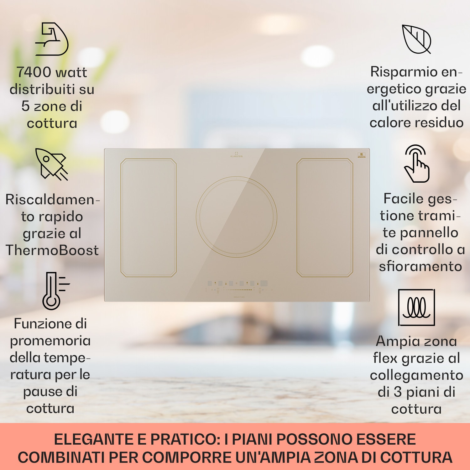 Victoria 5 Flex - Piano cottura a induzione da incasso, 7400 W, 2 zone flessibili, timer  