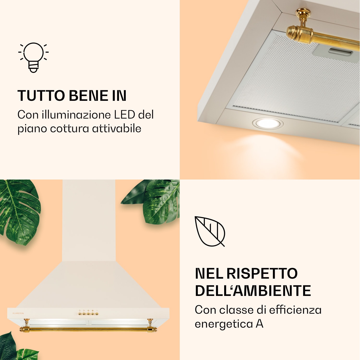 Montblanc 60 - Cappa aspirante, 610 m³/h, 165 W, 2 x 1,5 W, LED, barra per utensili  Crema vintage