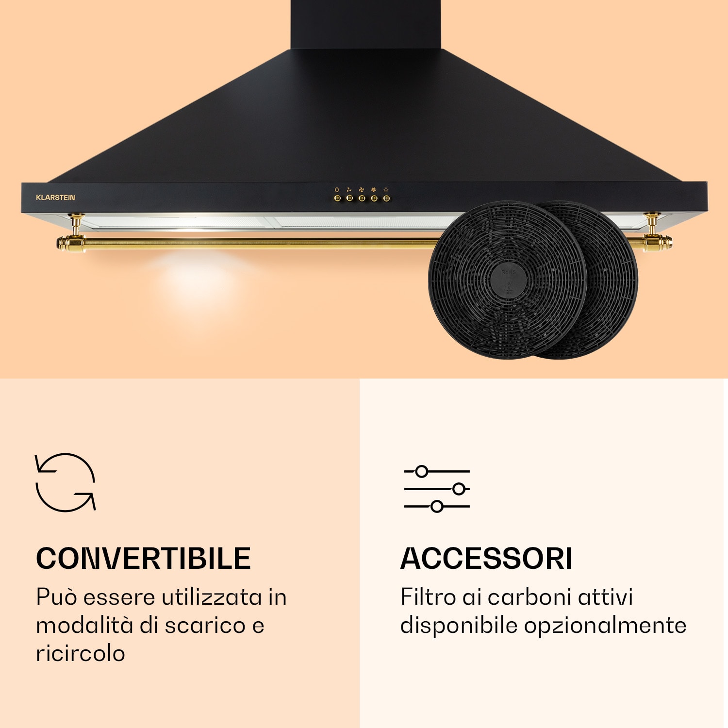 Montblanc 90 - Cappa aspirante, 610 m³/h, 165 W, 2 x 1,5 W, LED, barra per utensili  Nero