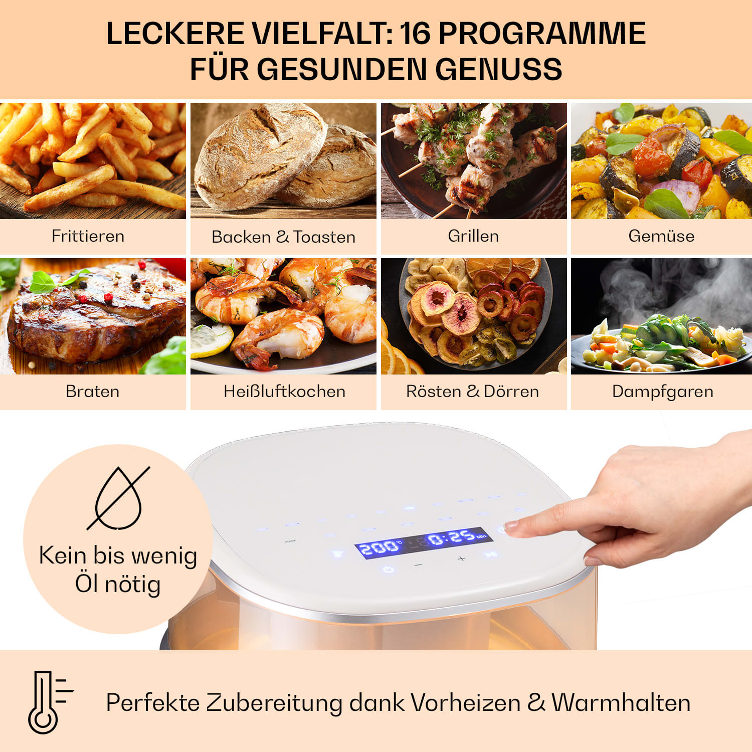 Air Bloom Heißluftfritteuse Dampffunktion 1500W 7,5 Liter 16 Programme 