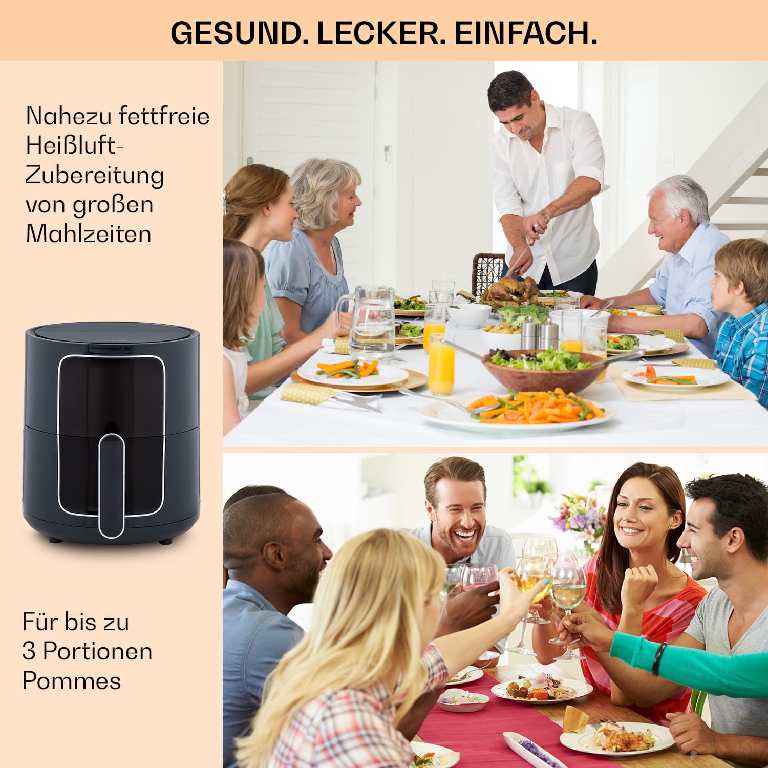 Crisp-Pro - Friggitrice ad aria calda, air fryer, 1400 W, 3,5 litri, 8 programmi, timer, acciaio inox Antracite