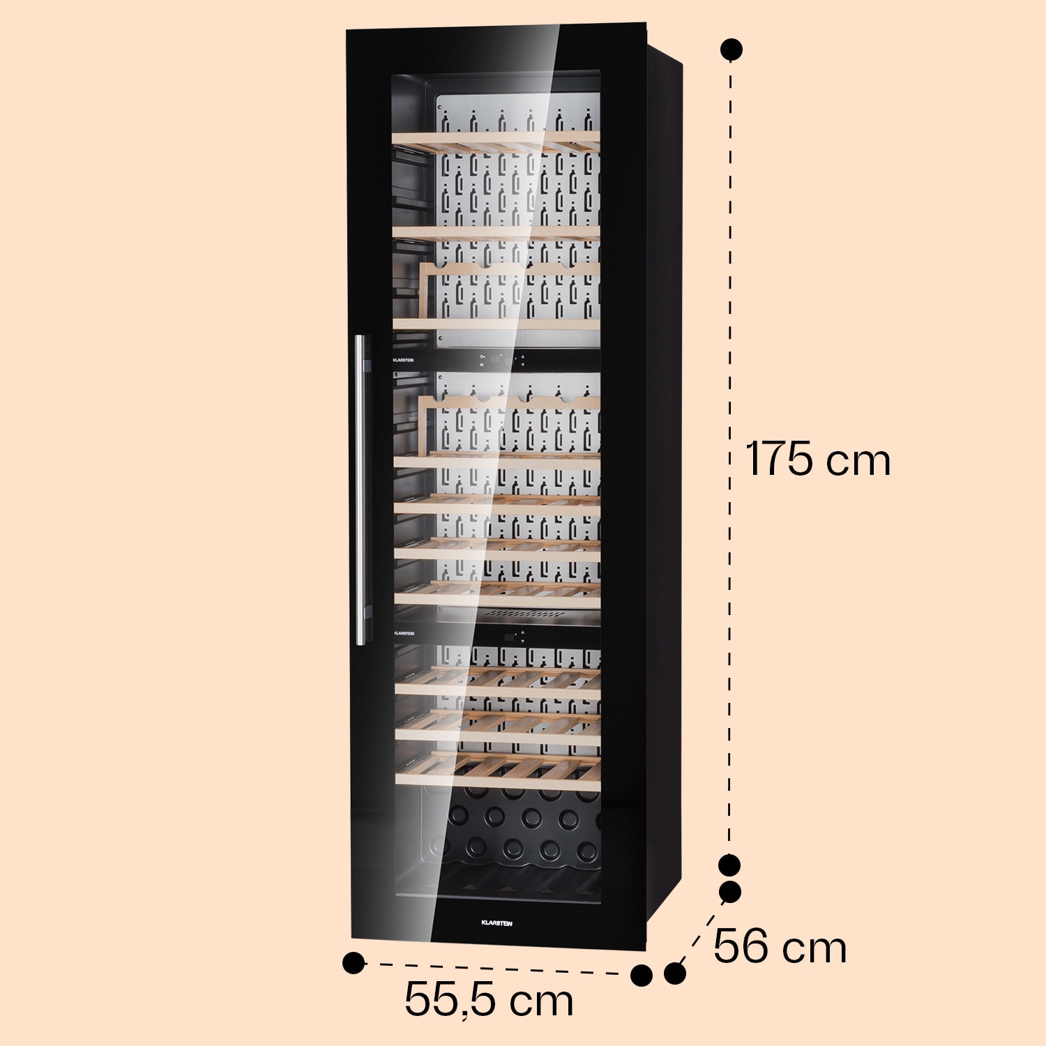 Vinsider 89 Frigorífico de Vinho Embutido Trio 5 – 18 °C Painel de Toque Prateleiras de Madeira 89 garrafas | 3 compartimentos de refrigeração | Preto