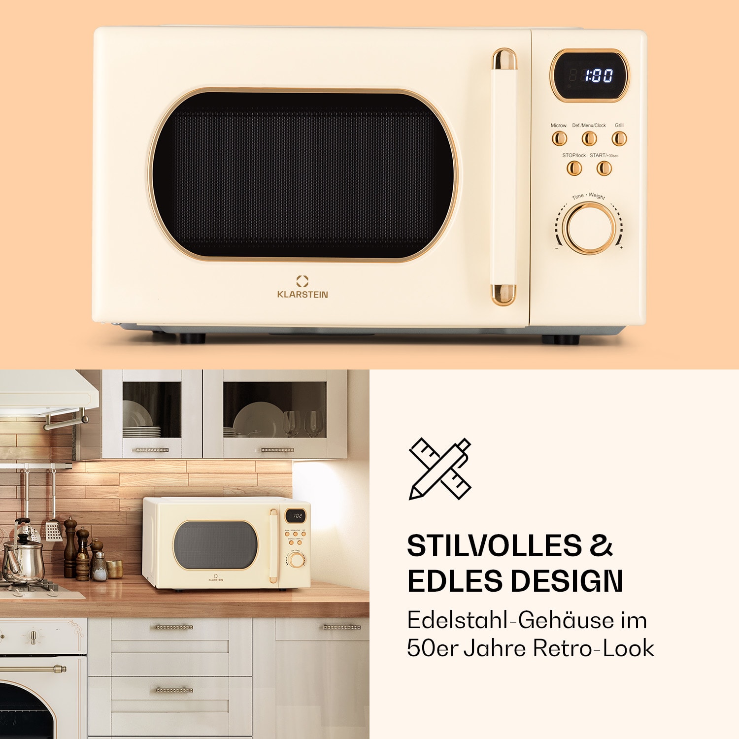 Julieta Mikrowelle mit Grill 20l 700 / 800 W Ø25,5cm 8 Programme Vintage-Creme
